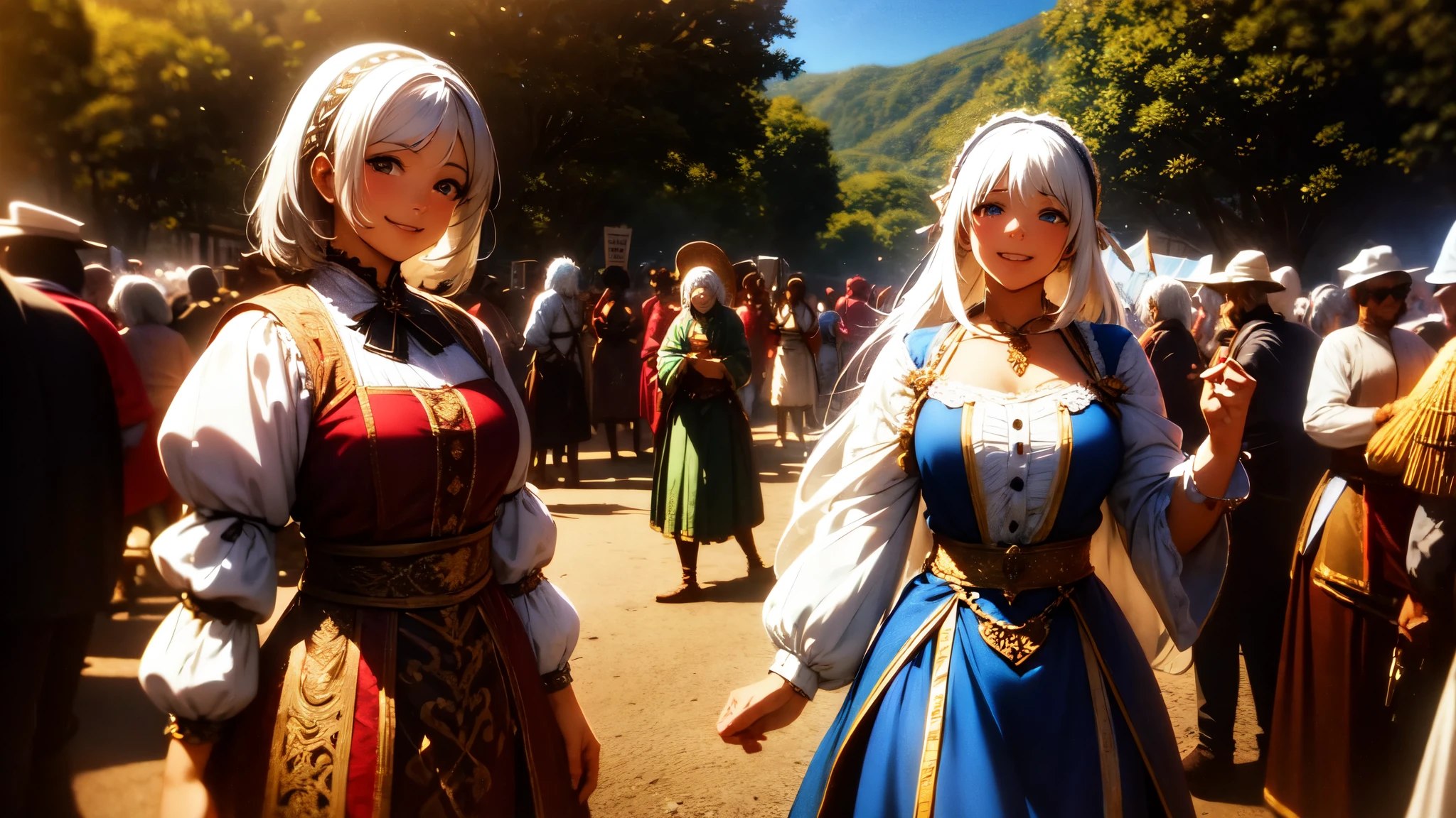 (Full view shot), (medium body), A cute girl, with a beautiful smile, white-haired, in the middle of a party in a Renaissance fair, with lots of people, fantasy, very detailed, 8k, cinematic composition