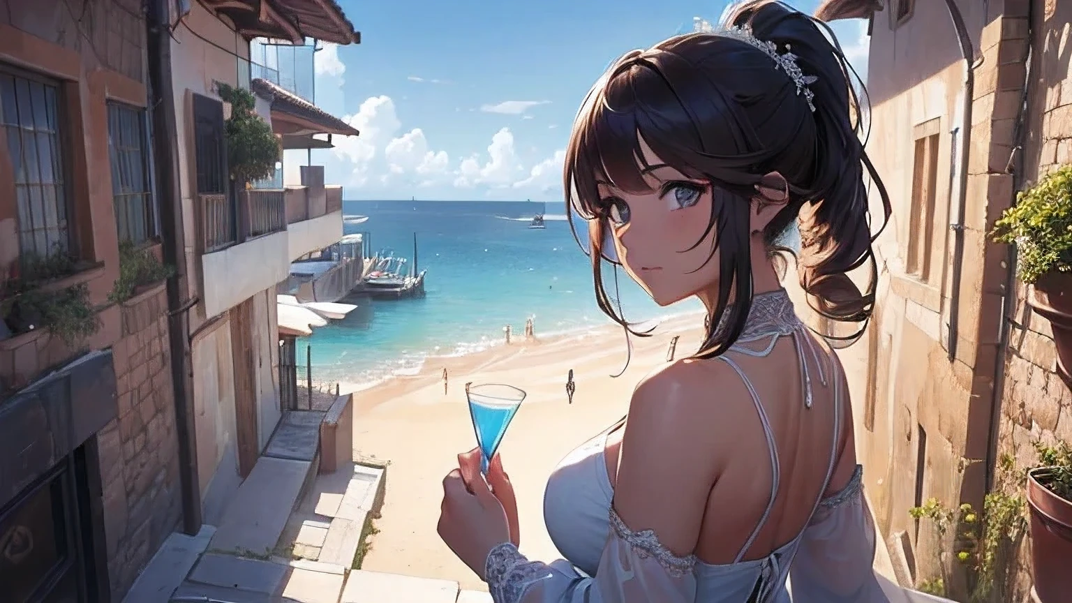 Imagine a 2 woman with brown hair, light blue eyes and fair skin, wearing a navy blue bikini and relaxing on a comfortable sofa inside a luxurious yacht. She holds a glass of white wine, with a plate of seafood on the table beside her. In the background, through the yacht's windows, you can see a beautiful sunny day and the calm water of the ocean, with other vessels sailing in the distance. The scene evokes an atmosphere of tranquility and luxury.