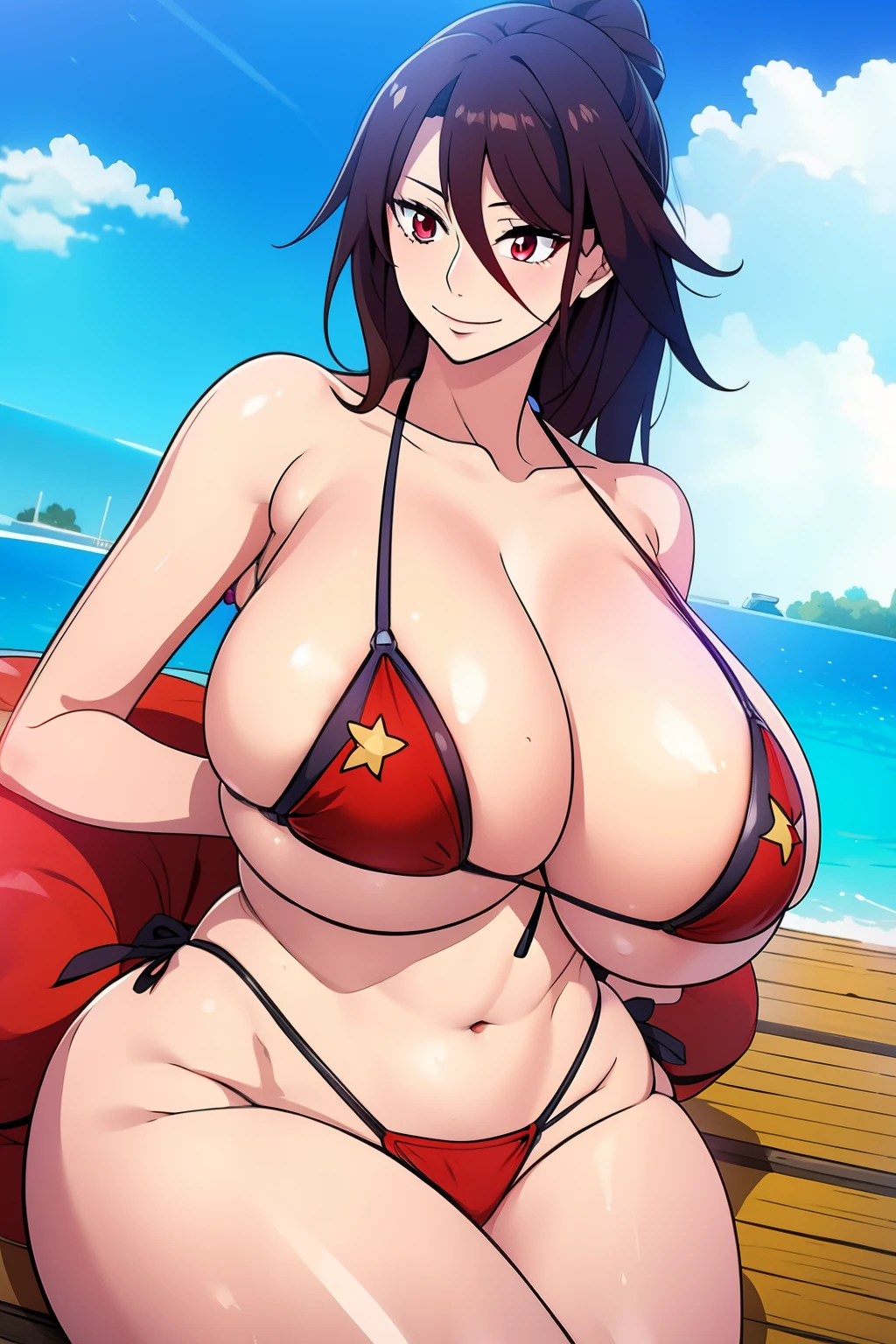 An anime-style artwork depicting Mizuki_Shiranui from the game Honkai star rail.
Tags: Mizuki_Shiranui, anime, detailed eyes, detailed lips, (micro bikini : 1.4), smiling expression, intense gaze, (lying on sun lounger), outdoor, pool, vibrant colors, digital art, high-resolution, professional quality, gigantic breasts, curvy, cowboy shot, (gigantic breasts: 1.4), (red eyes:1.4),