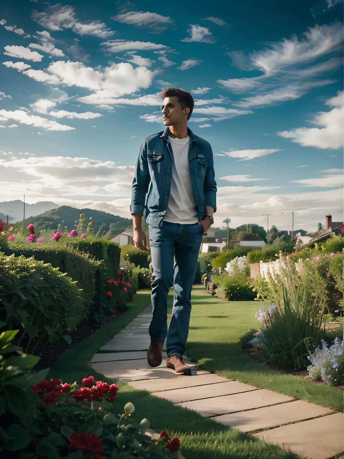 Beautiful garden, men's casual wear, aesthetic sky, walking