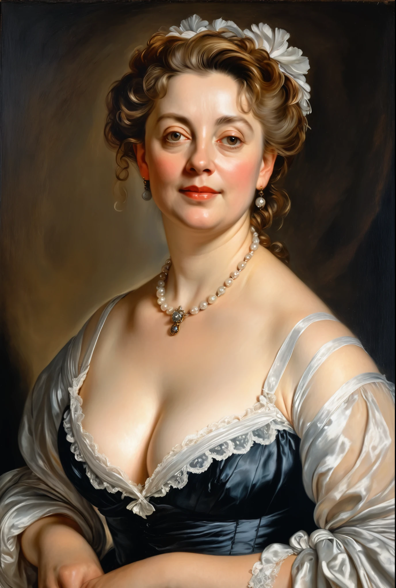 portrait painting of a thick Beautiful middle aged woman, extremely gorgeous, wearing a Victorian Camisole dress or chemise, by Peter Paul Rubens, in Peter Paul Rubens style, by Caravaggio, intricate, flawless, masterpiece, Best quality,