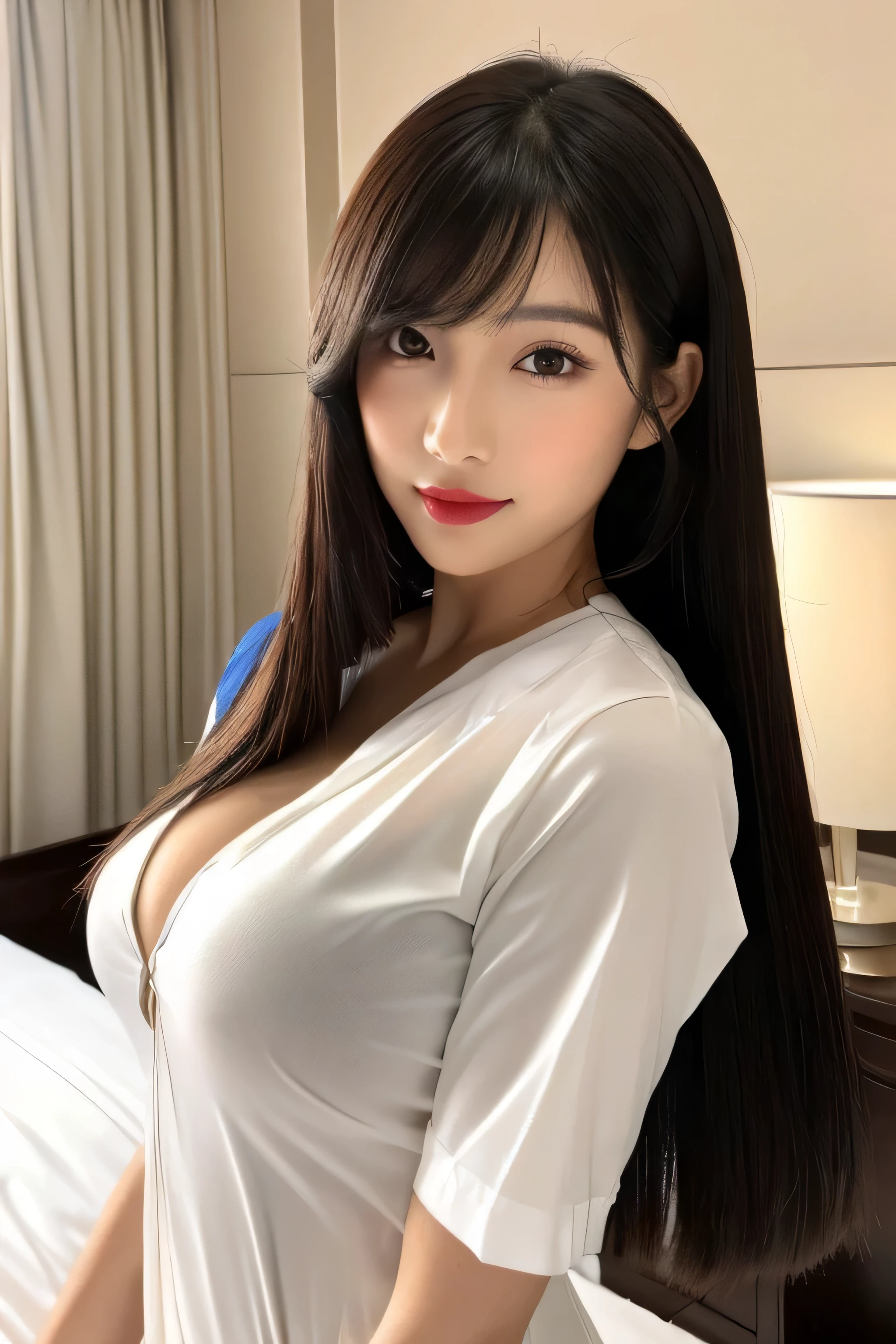 ((Very shiny and glossy, thin, hairy and detailed, reaching down to the waist、Amazingly long, straight black hair)) (The sexiest 24-year-old woman in Japan) ((highest quality)), ((masterpiece)), Perfect Face (The bangs are neatly trimmed like a princess cut.) (Familiar), Perfect Face (Highly detailed 8K) (Stable diffusion model) (Her skin is a typical Japanese skin tone and body type and is very detailed.) (big breasts:1.2) Dynamic Lighting (Real photos taken by professional photographers) (Her face is slim and dignified.., Long, narrow eyes..々Nice face) ((This is near the bed in the hospital room, and she is wearing a white nurse's uniform. She is a patient、She gives a very sensual look to the viewer.)) (Perfect beautiful make-up and light red lipstick)