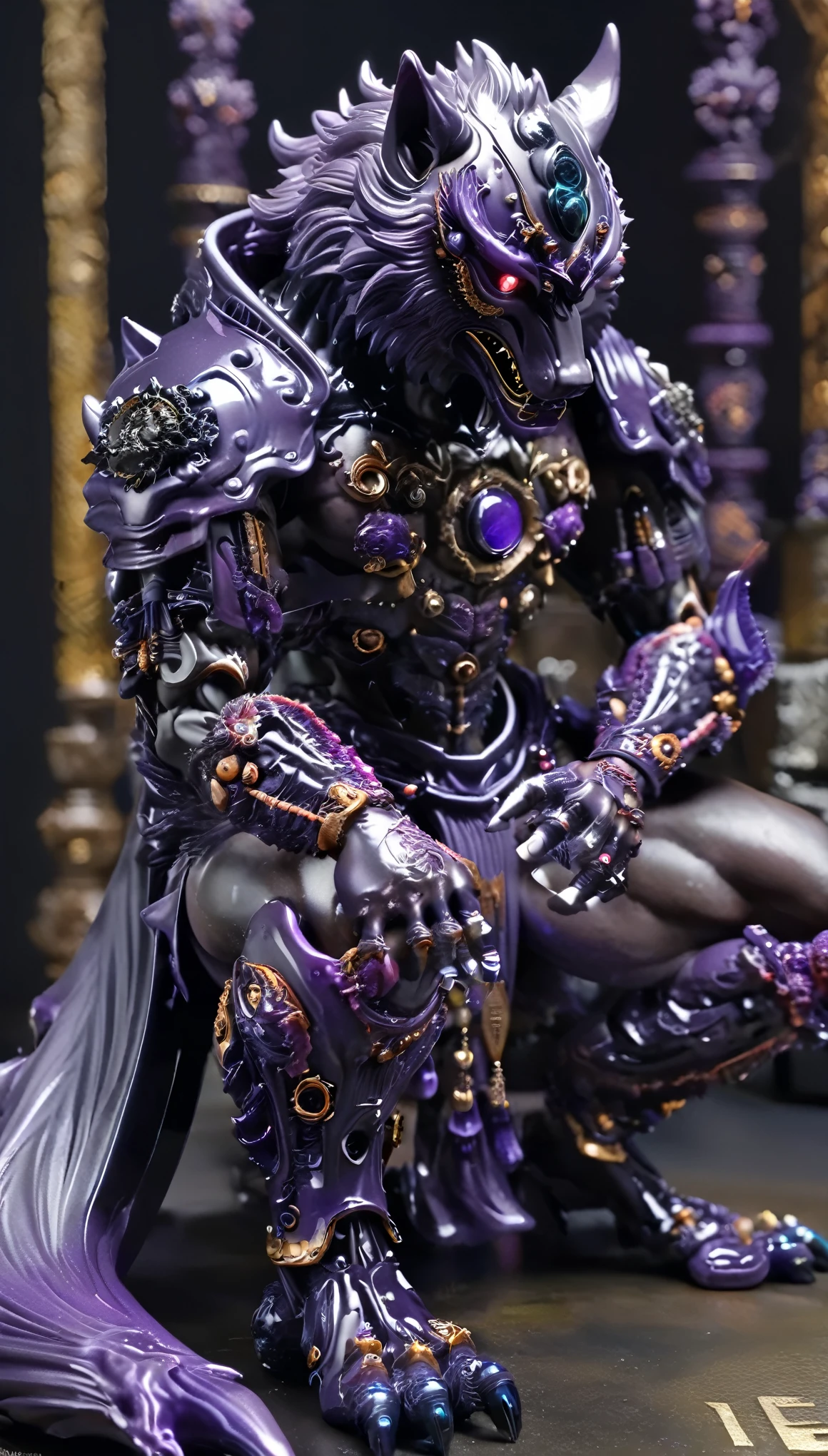 shrine、Black smoke is rising、A wolf cyborg samurai-like creature、eyes are shining、 On one knee、(Black and purple)、FW Murano style, vibrant color blast, Incredibly detailed, dark, Key Visual, Atmospheric, Very realistic, high detail texture, Ray Tracing、lose luster、matte taste