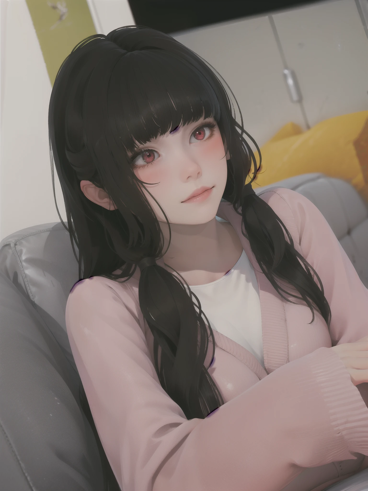 masterpiece, highly detailed, best quality, night, low light, 1girl, solo, Luna, black hair, red eyes, long hair, blunt bangs, blush, smile