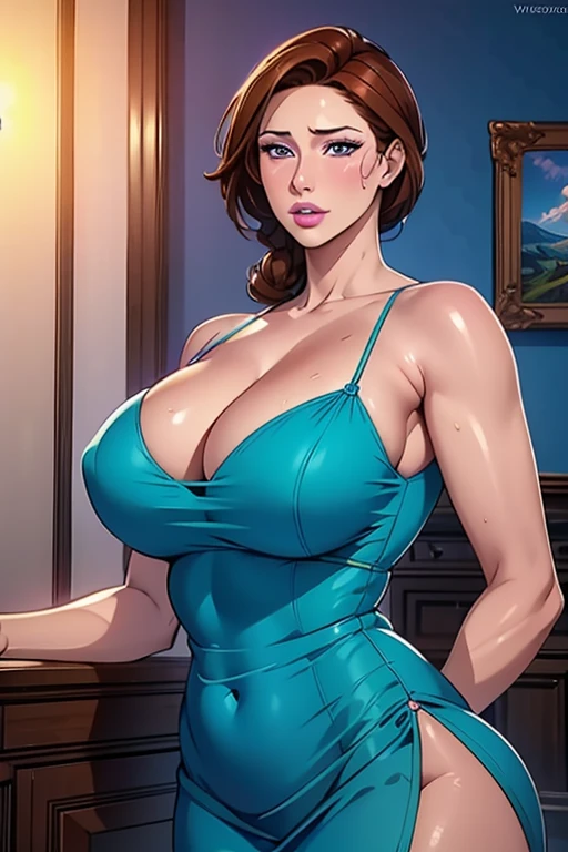 June in a turquoise dress, brown hair, purple eyes, (best quality, 4k, highres, masterpiece:1.2), ultra-detailed, (realistic, photorealistic:1.37), vivid colors, sharp focus, (portraits), vibrant environment lighting