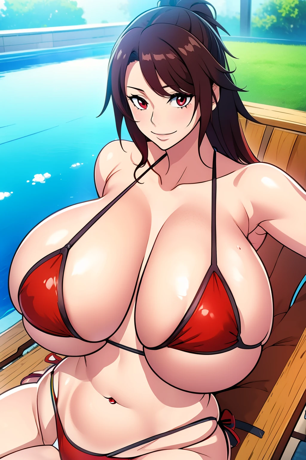 An anime-style artwork depicting Mizuki_Shiranui from the game Honkai star rail.

Tags: Mizuki_Shiranui, anime, detailed eyes, detailed lips, (micro bikini : 1.4), smiling expression, intense gaze, (lying on sun lounger), outdoor, pool, vibrant colors, digital art, high-resolution, professional quality, gigantic breasts, curvy, cowboy shot, (gigantic breasts: 1.4), (red eyes:1.4),