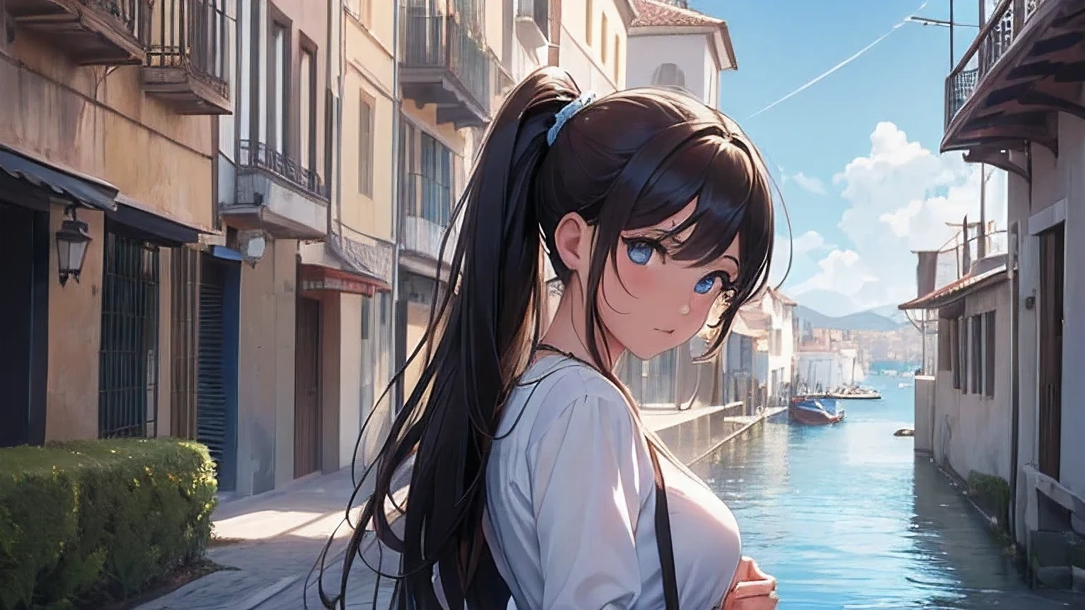(8k, RAW foto, mejor calidad, (Obra maestra, super high quality, super detailed), anime style paisaje, chica joven, Absoluto, velas escarlatas, girl looking at the sea from the coast, camera looking at the sea, detalles intrincados, sailing ship with velas escarlatas, Una escena de una novela de Alexander Greene. "velas escarlatas" imagen de medio cuerpo, A beautiful women posing for a photograph in an alley, brown ponytail, golpes, risa feliz, blue eyes, Cuerpo magro musculoso, perfect anatomy, Looking to the camera, Time of the day, cielo azul, estilo animado, al aire libre, tendencia en artstation, Oh!, sakimichan muy sensual, con ropa original cuerpo entero, muy realista, extremadamente realista, extremadamente sexy, 8k, 8k extremadamente detallado), (un extremadamente delicado y hermoso), (obra maestra), (mejor calidad: 1.0), (ultra high resolution:1.0)