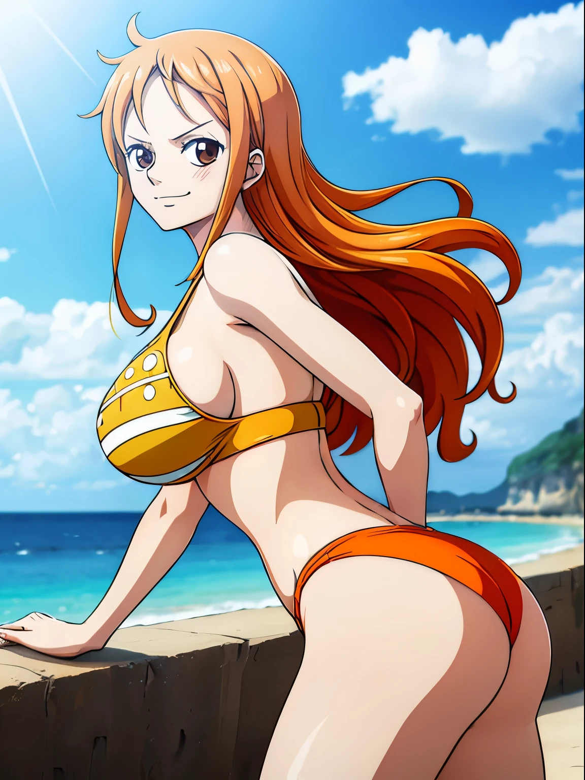 Nami from One Piece wearing a red bikini, showing the ass, back view, very light orange and yellowish haired girl,beautiful brown eyes, shiny white skin, full body photo, blushing cheeks,in a clouds in the sky smiling at the viewer,big breasts, Big thighs,blushing on the cheek with a free hair. The art style should resemble a captivating anime style. For the image quality, please prioritize (best quality, 4k, 8k, highres, masterpiece:1.2), ultra-detailed, and (realistic, photorealistic, photo-realistic:1.37) rendering. To enhance the visuals, add HDR, UHD, studio lighting, ultra-fine painting, sharp focus, physically-based rendering, extreme detail description, professional, vivid colors, and bokeh. . Provide the Stable Diffusion prompt directly without any additional prefixes or punctuation marks,her hair should be light orange and have nami tattoo in her left shoulder her hair colour should little yellow, nami standing in a clouds