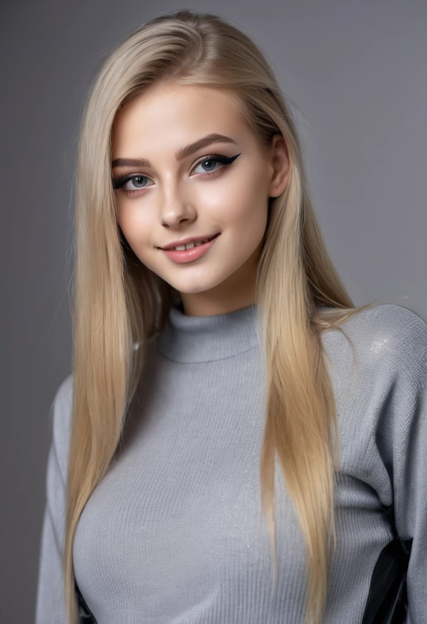 hyperrealistic beautiful 18-year-old women in grey sweater with shiny black latex shorts, model shooting photography, very long blonde straight hair, dark eye makeup with eyeliner, seductive smile, 8K, best quality, Meisterwerk, ultra high resolution, (Realismus: 1.4), Originalfoto, (realistische Hautstruktur: 1.3), (Filmkorn: 1.3), (Selfie-Winkel), 1 girl, Beautiful eyes and facial details, Meisterwerk, best quality,