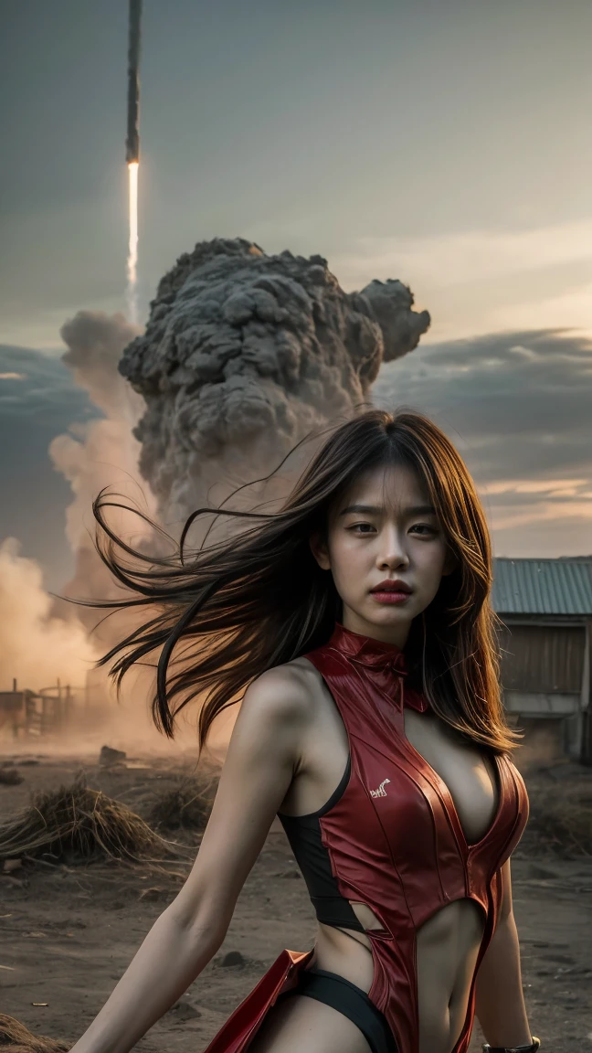 look up perspective，（original photo：1.3），（best quality、8K、Ultra HD resolution：1.1），wasteland，Thick clouds are rotating，smoke，Fierce battle between aircraft in the sky，weed，Dilapidated houses，gravel path，Sunset，Dark Red，（（A girl wearing a mecha battle suit stands on a severely damaged、In front of the badly damaged mecha）），（（The girl&#39;s messy long hair is flying in the wind、Blood、Close-up cleavage）），（stubborn），（Stand footsquare），（嘴角有Blood迹），（Messy long hair flying），（（（機甲上濺滿了Blood））），（Mars splash），（（Broken upper body mecha，Fallen mecha fragments）），（（Slender long legs：1.5）），（The naked wireecha is carefully depicted）），（（（Very detailed））），shot at 8k resolution，gasoline liquid，Fire，Missiles streak across the sky，weeds，gravel path，explode，splash art，（（dynamic speed line：1.2）），Fine lithography，East（Light Particles：1.2），（game concept：1.3），（Depth of Field:1.3),Global Illumination,Rich in details，Trending on artstation，epic shooting，Movie Lighting