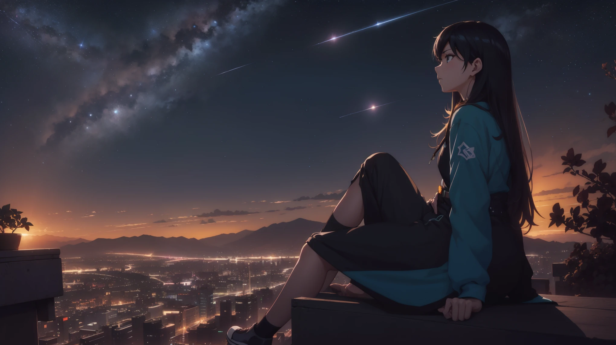 There is a woman sitting on a bench looking at the sky, Space Sky. by makoto shinkai, 4k anime wallpaper, Anime Style 4k, anime art wallpaper 8k, anime art wallpaper 4k, anime art wallpaper 4k, anime wallpaper 4k, anime wallpaper 4k, makoto shinkai cyril rolando, Girl stares into space