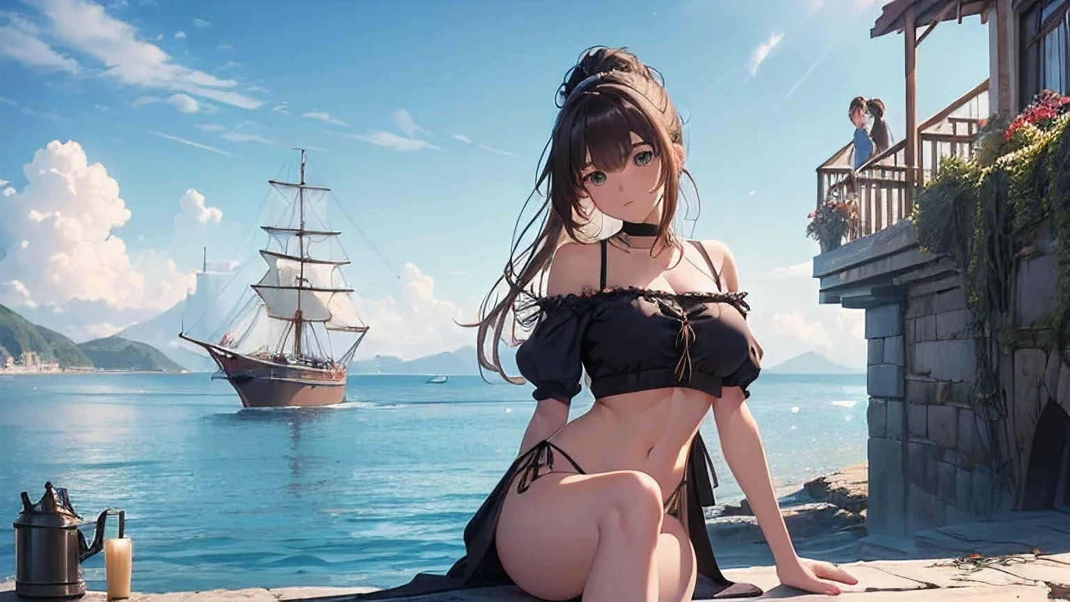 (8k, RAW foto, mejor calidad, (Obra maestra, super high quality, super detailed), anime style paisaje, chica joven, Absoluto, velas escarlatas, girl looking at the sea from the coast, camera looking at the sea, detalles intrincados, sailing ship with velas escarlatas, Una escena de una novela de Alexander Greene. "velas escarlatas" imagen de medio cuerpo, A beautiful women posing for a photograph in an alley, brown ponytail, golpes, risa feliz, blue eyes, Cuerpo magro musculoso, perfect anatomy, Looking to the camera, Time of the day, cielo azul, estilo animado, al aire libre, tendencia en artstation, Oh!, sakimichan muy sensual, con ropa original cuerpo entero, muy realista, extremadamente realista, extremadamente sexy, 8k, 8k extremadamente detallado), (un extremadamente delicado y hermoso), (obra maestra), (mejor calidad: 1.0), (ultra high resolution:1.0)