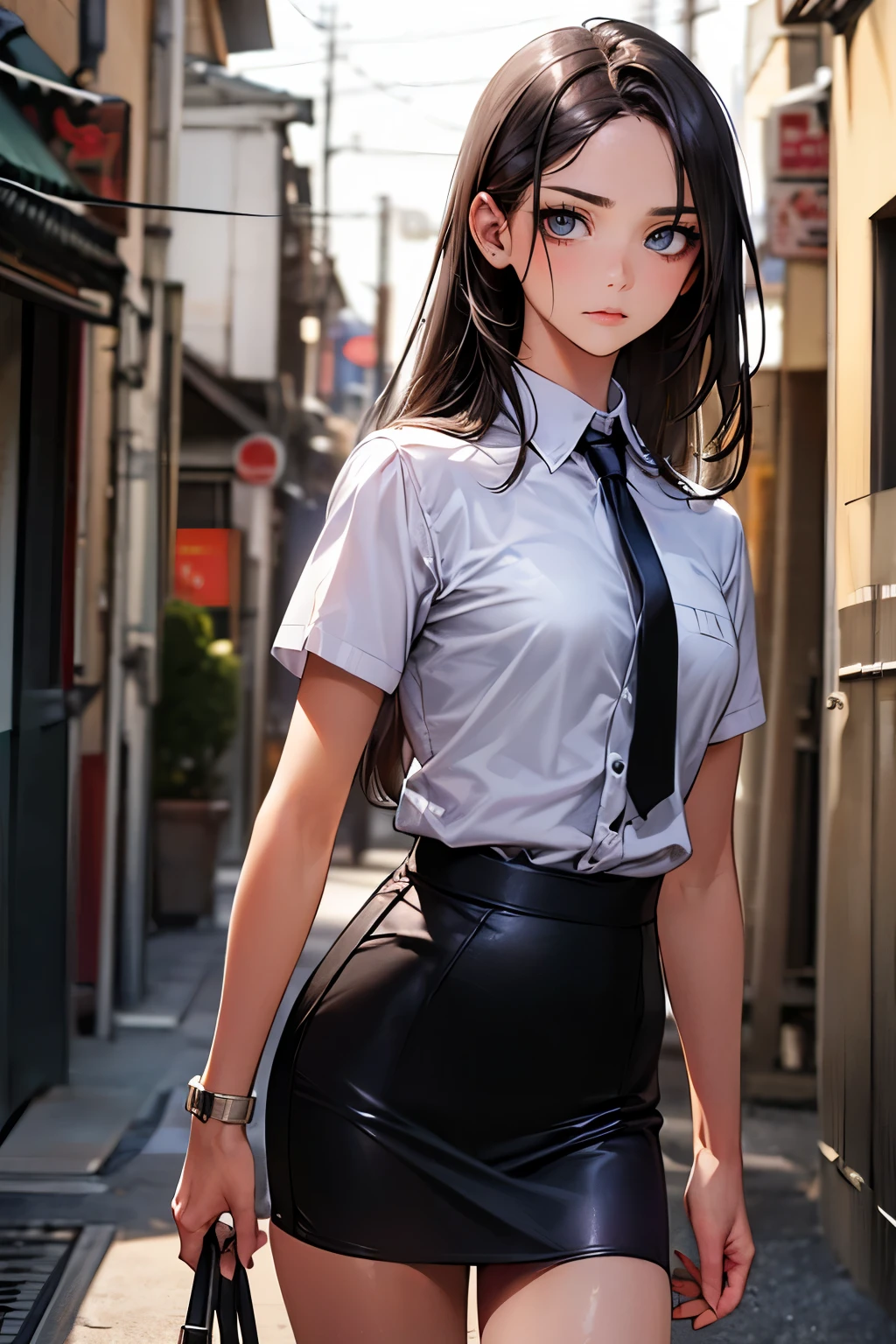 ((Fighting appearance))、((perfect anatomy,realistic:1.3,RAW Photography:1.3,masterpiece、highest quality、Ultra - High resolution、High resolution、Highly detailed CG、8K)),cowboy shot,1 female,solo,18-year-old、High school girl swordsman、18-year-oldの美少女,Japanese,(((beautiful detailed face and eyes:1.3,big gorgeous eyes:1.5,gray eyes,shy))),black hair,long bob hair,(center parted hair,forehead),(medium breasts,slender body,small head:1.3,skinny),((oily skin)),(gleaming skin,shiny skin),(black tight mini skirt、black business suit、White shirt、Black tie),Fighting with Japan swords、Accurately depicted Japanese sword、Back Alley、at night、moonlight、Tokyo、