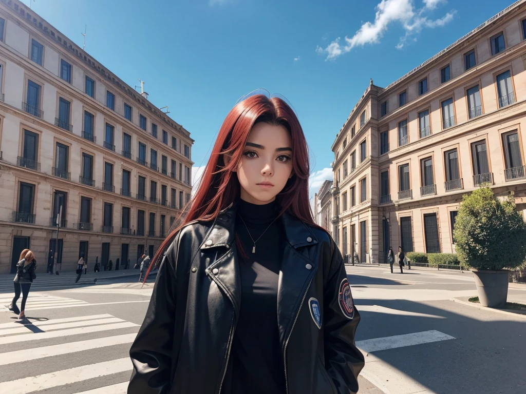 A 20 year old girl, cabelos longos na cor vermelha, algumas sardas no rosto, dressed in a black jacket, sentada em um banco, in the background a huge college building, estilo italiano, blue sky, algumas arvores, imagem ampla, realista.