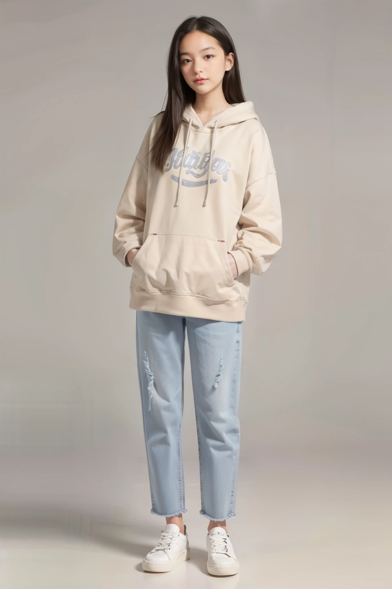 girl, standing, grey hoodie, oversize boyfriend jeans, full body, white simple background, looking at viewer, brunette, black long hair, chubby body, hazel eyes, High definition