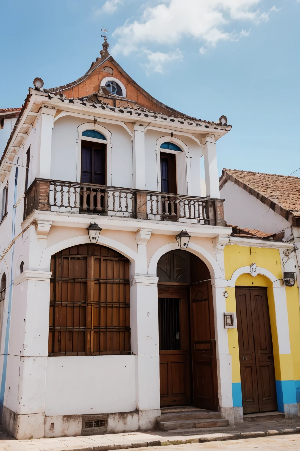 Develop detailed images of the historic architecture of the city of Pernambuco, highlighting buildings with Portuguese and Dutch influences. Buildings must be vibrant and colorful, apresentando fachadas 100% frontais. Include windows that run the entire length of buildings, completely filling the screen for immersive, immersive viewing.