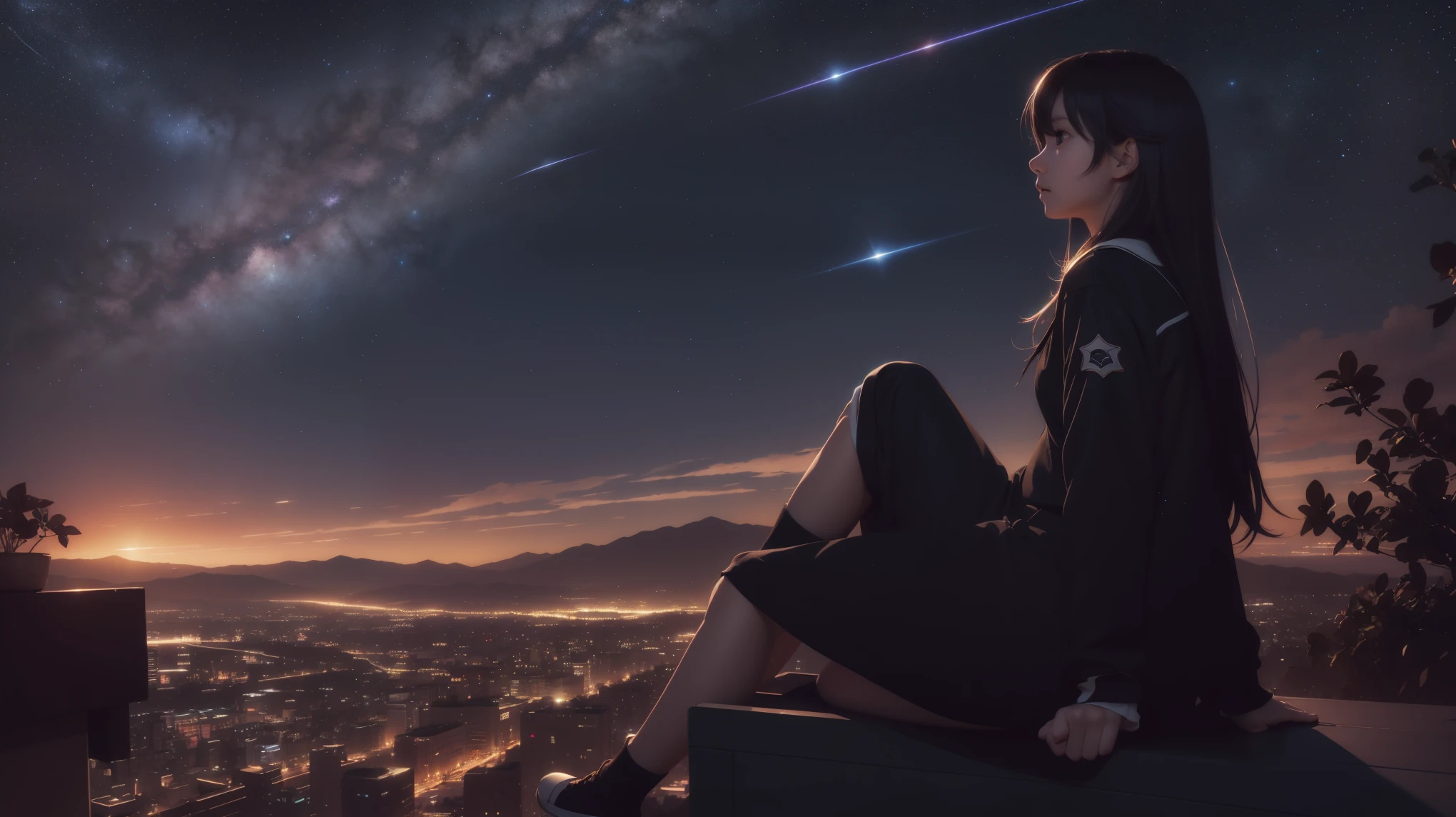 There is a woman sitting on a bench looking at the sky, Space Sky. by makoto shinkai, 4k anime wallpaper, Anime Style 4k, anime art wallpaper 8k, anime art wallpaper 4k, anime art wallpaper 4k, anime wallpaper 4k, anime wallpaper 4k, makoto shinkai cyril rolando, Girl stares into space