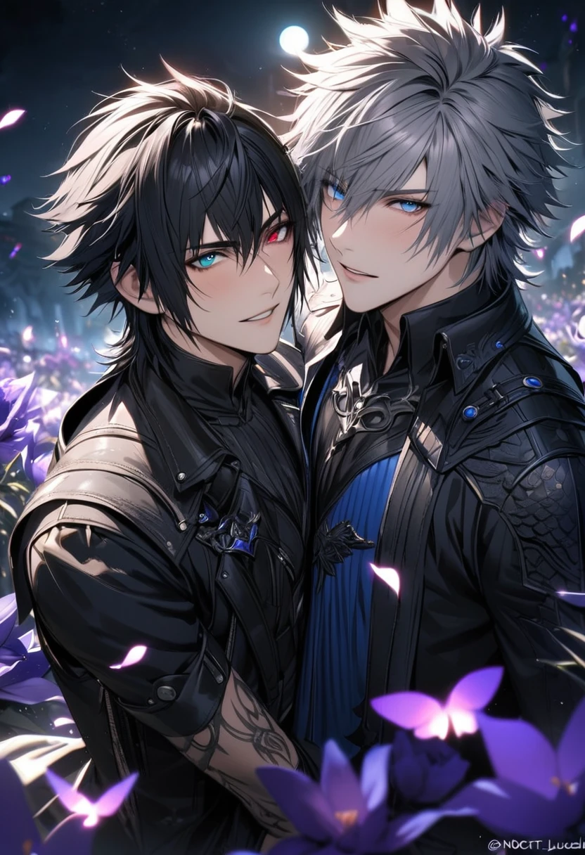absurdres, highres, ultra detailed, HDR, masterpiece, Riku, spiky grey hair, heterochromia, left eye red, right eye blue, Final Fantasy xv, Noctis Lucis Caelum, black hair, expressive blue eyes, 2men together, gay couple, handsome, white fantasy clothes, moon, purple lilies, purple lightning, butterflies, petals