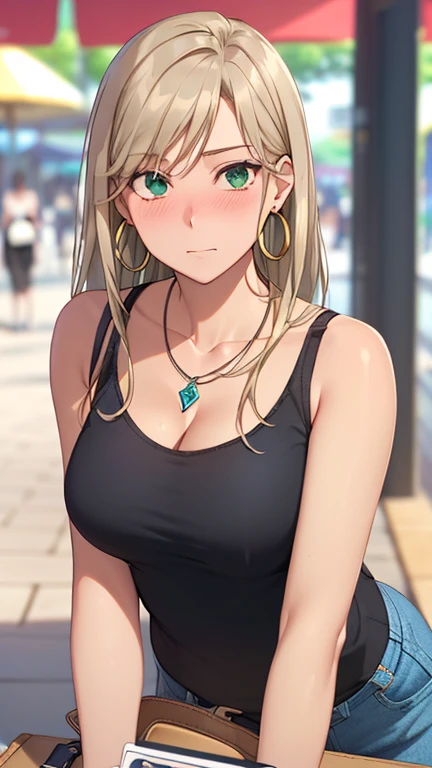 ((masterpiece, best quality, highres, UHD, RTX, perfect pixel, depth of field, 4k, extremely-detailed))), 1girl, single, solo, beautiful anime girl, beautiful artstyle, anime character, ((long hair, parted bangs, middle part hair bangs, dark blonde hair)), ((green eyes:1.4, rounded eyes, beautiful eyelashes, realistic eyes)), ((detailed face, blushing:1.2)), ((smooth texture:0.75, realistic texture:0.65, photorealistic:1.1, anime CG style, vibrant color)), ((medium breasts, cleavage, busty)), dynamic angle, perfect body, ((POV, dynamic pose, looking at viewer)), ((wearing tanktop, black tanktop, visible bra from inside the tanktop)), ((fashionable, single handbag, 1diamond necklace, hoop earrings)), cemberut, embrassed, amusement park, leaning forward