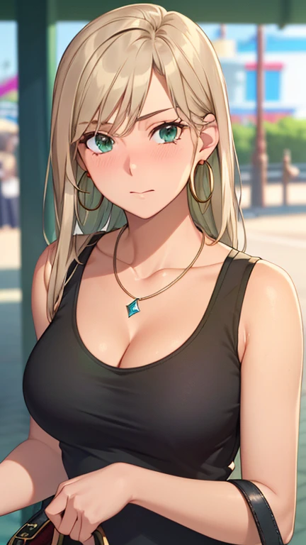 ((masterpiece, best quality, highres, UHD, RTX, perfect pixel, depth of field, 4k, extremely-detailed))), 1girl, single, solo, beautiful anime girl, beautiful artstyle, anime character, ((long hair, parted bangs, middle part hair bangs, dark blonde hair)), ((green eyes:1.4, rounded eyes, beautiful eyelashes, realistic eyes)), ((detailed face, blushing:1.2)), ((smooth texture:0.75, realistic texture:0.65, photorealistic:1.1, anime CG style, vibrant color)), ((medium breasts, cleavage, busty)), dynamic angle, perfect body, ((POV, dynamic pose, looking at viewer)), ((wearing tanktop, black tanktop, visible bra from inside the tanktop)), ((fashionable, single handbag, 1diamond necklace, hoop earrings)), cemberut, embrassed, amusement park, leaning forward