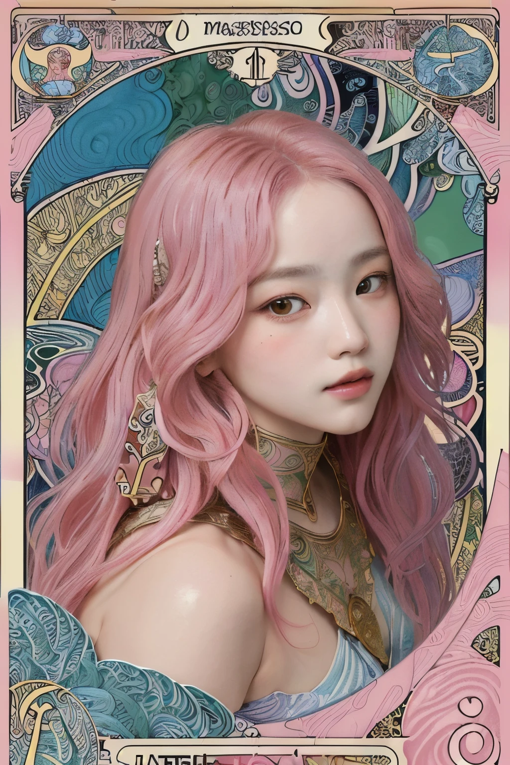 ((masterpiece:1.2, best quality)), very detailed, Ultra-precise depictions, very detailed 묘사, (Zentangle:1.2), (dynamic pose), (abstract background:1.5), wavy long hair, pink hair, 1 woman, fancy, portrait, (from above:1.2), Alphonse Mucha, art nouveau,
 (tarot card style:1.3),  A unique tarot card framework combining gold elements.,