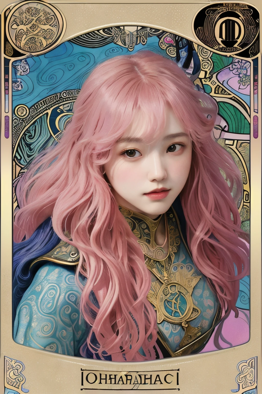 ((masterpiece:1.2, best quality)), very detailed, Ultra-precise depictions, very detailed 묘사, (Zentangle:1.2), (dynamic pose), (abstract background:1.5), wavy long hair, pink hair, 1 woman, fancy, portrait, (from above:1.2), Alphonse Mucha, art nouveau,
 (tarot card style:1.3),  A unique tarot card framework combining gold elements., different actions, 