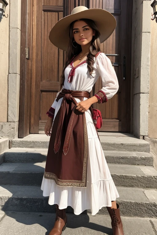 Imagine a fearless young woman from Rio Grande do Sul, chamada Isadora 'Estrela Crioula' Oliveira, pronta para enfrentar as trevas do Pampa durante a noite. She is dressed in a stylish gaucho-themed outfit., combinando elementos tradicionais com detalhes modernos. Your white cotton shirt has embroidered details in a peasant style., with puffed sleeves and tie at the waist. Um colete de couro marrom escuro, decorado com franjas e entalhes, complementa o visual, enquanto uma saia longa preta, feita de tecido leve, apresenta detalhes de renda e babados na barra. She wears brown leather boots and a wide-brimmed hat., adornado com uma pena de corvo. Um cinto largo de couro com fivela decorativa e bolsas para itens essenciais completa o conjunto. She carries an elegant sword at her waist and a red silk scarf is tied around her neck.