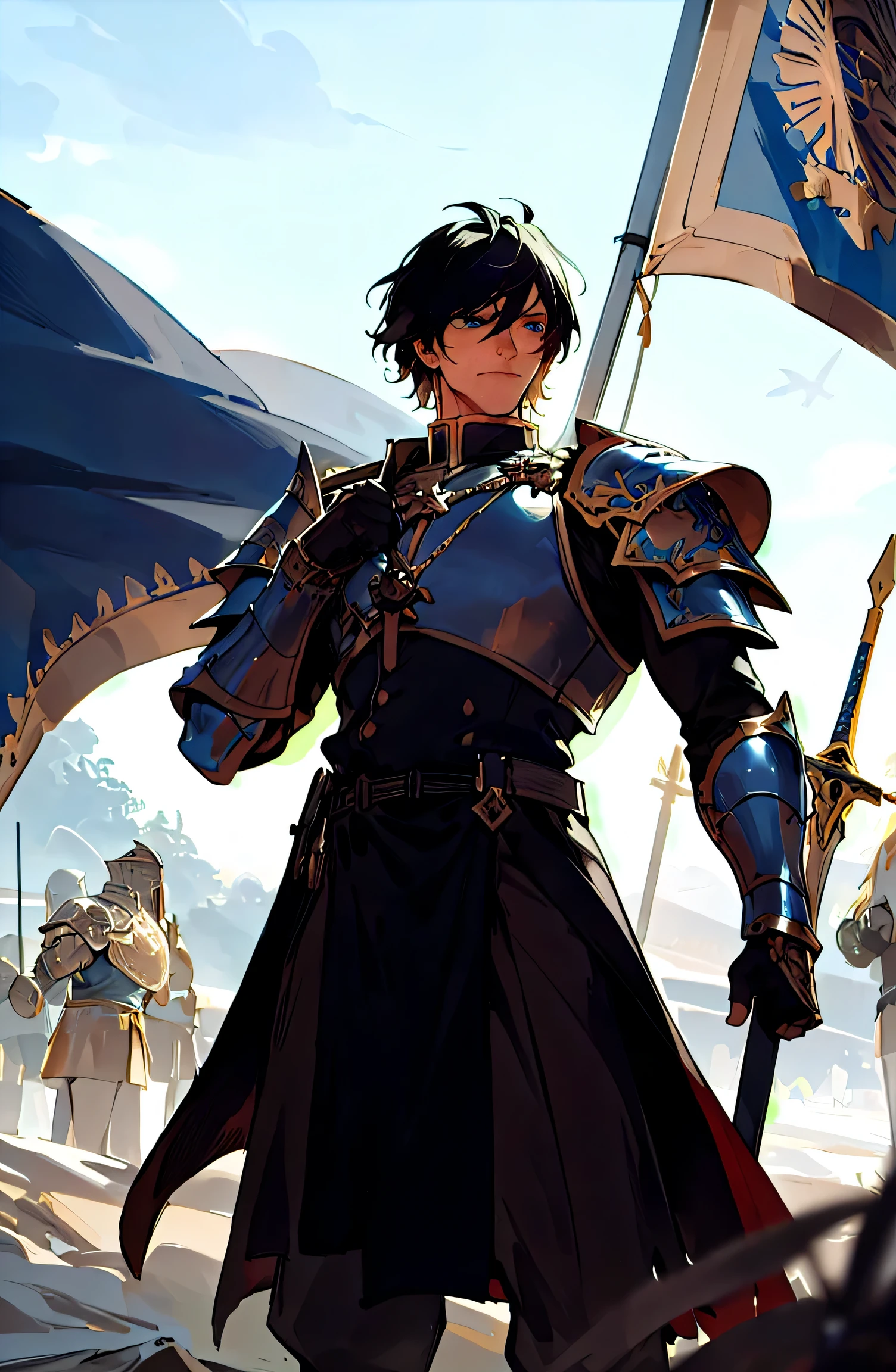 Best image quality, High resolution, 8k, realistic representation down to the smallest detail. Create an illustration featuring Alexander Heint, the main male character, in all his glory as a triumphant knight on a battlefield. Alexander, aged 26, is described as the most handsome of all, with tousled black hair and dazzling blue eyes.

In the image, Alexander is depicted in black armor, shining in the sunlight, with a magnificent sword in hand. The armor is adorned with intricate details and motifs that reflect his status as a formidable and powerful knight. Ensure to highlight his sexy and imposing appearance.

His face is sculpted with fine and determined features, his gaze radiating an aura of confidence and dominance. His piercing blue eyes have an intense stare that pierces the soul of anyone who crosses his path. He does not smile, but his expression is that of a man assured, looking down on others from the heights of his glory.

Alexander's posture is that of a victorious warrior, his imposing and proud figure dominating the battlefield. Around him, defeated enemies lie at his feet, while lowered enemy flags bear witness to his superiority on the battlefield.

The battlefield around him is depicted with realistic details, showing defeated soldiers and battlefield debris. Landscape elements such as hills, trees, and dramatic clouds add to the epic atmosphere of the scene.

The image should capture the power, beauty, and unwavering confidence of Alexander Heint as he reigns supreme on the battlefield.