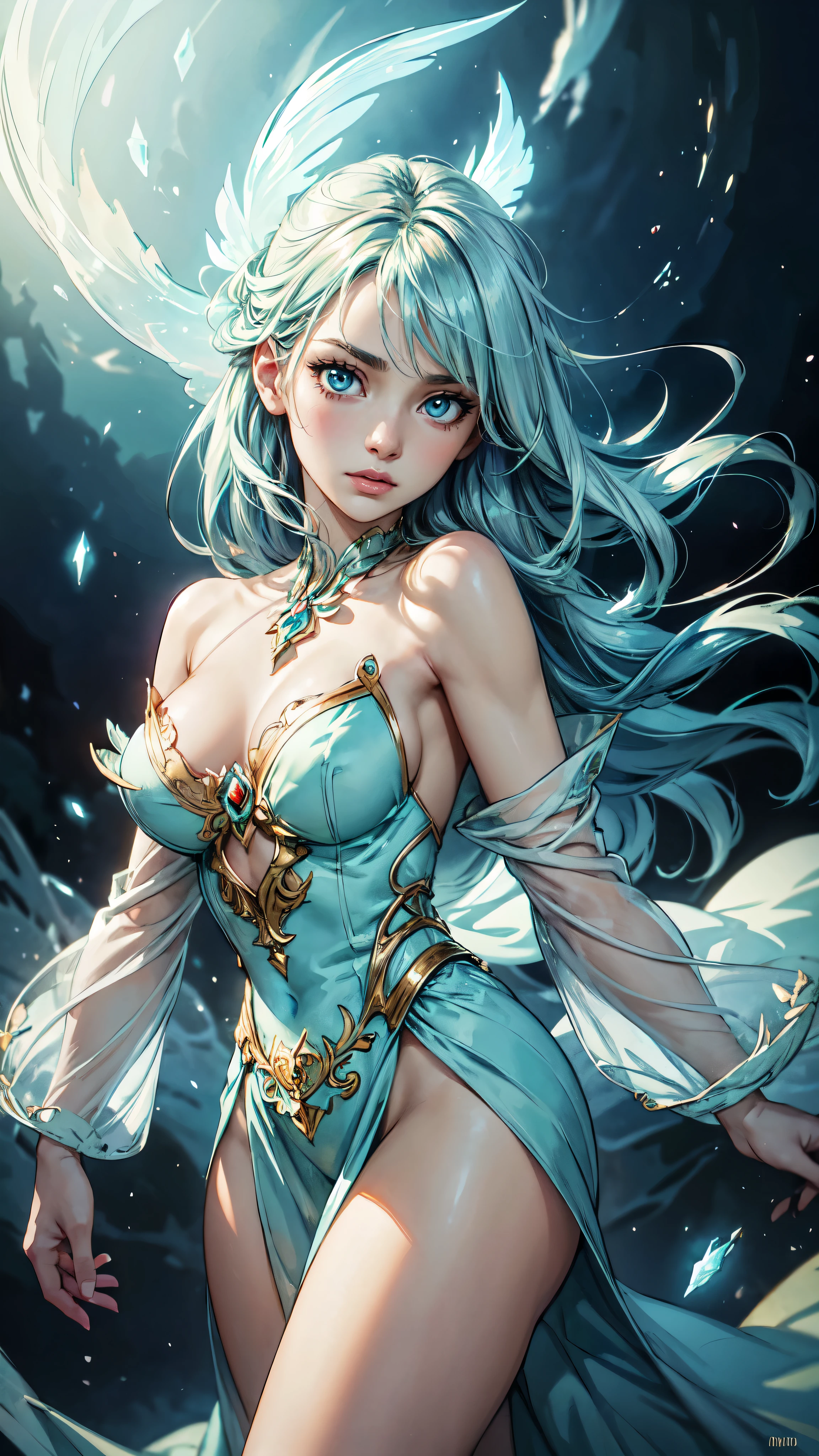 A captivating anime girl gracefully emerges from the pages of a watercolor painting, her vibrant and intricate colors breathing life into the artwork. She wears extraordinary fantasy costumes,Decorated with exquisite details, reflecting the enchanting world she inhabits. Luminescent elements, like glowing crystals and ethereal wisps, surround her, casting a soft, otherworldly glow. The watercolor style imbues the image with a sense of fluidity and delicacy, as if the colors are effortlessly blending and bleeding into one another. Camera shot: Medium Shot, Camera lens: softfocus, Lighting: luminescent glow, watercolor brushstrokes,detailed face, detailed eyes, detailed hands
