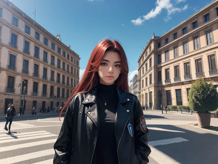 A 20 year old girl, cabelos longos na cor vermelha, algumas sardas no rosto, dressed in a black jacket, in the background a huge college building, estilo italiano, blue sky, algumas arvores, imagem ampla, realista.