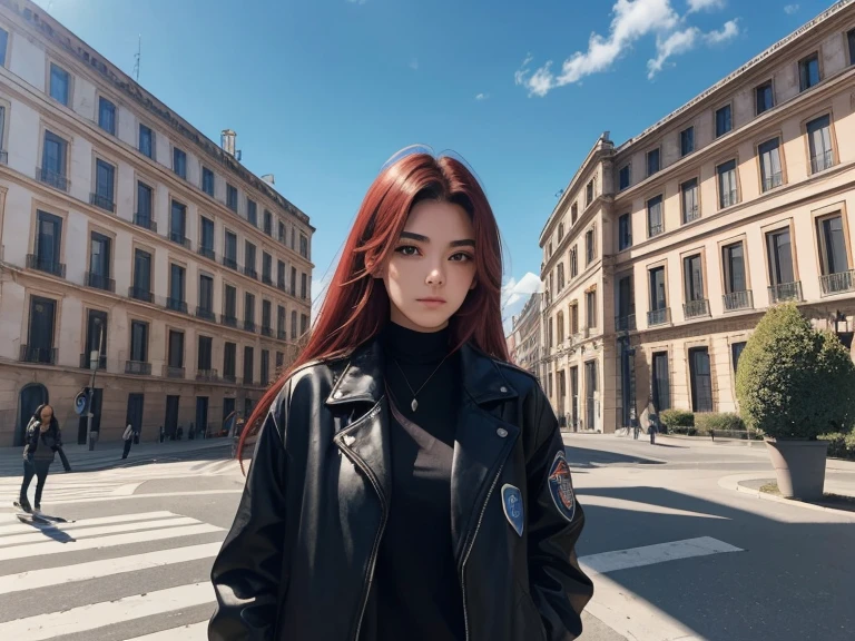 A 20 year old girl, cabelos longos na cor vermelha, algumas sardas no rosto, dressed in a black jacket, in the background a huge college building, estilo italiano, blue sky, algumas arvores, imagem ampla, realista.