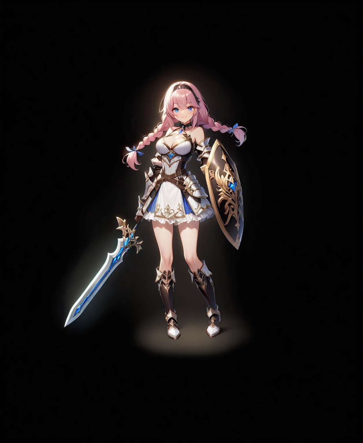 1girl, weapon, solo, sword, blue-eyes, long-hair, braid, boots, shield, pink-hair, breasts, twin-braids, smile, open-mouth, cleavage, black-background, choker, large-breasts, full-body, bare-shoulders, looking-at-viewer, simple-background, hairband, blush, armor, gloves, dress, knee-boots, medium-breasts, standing