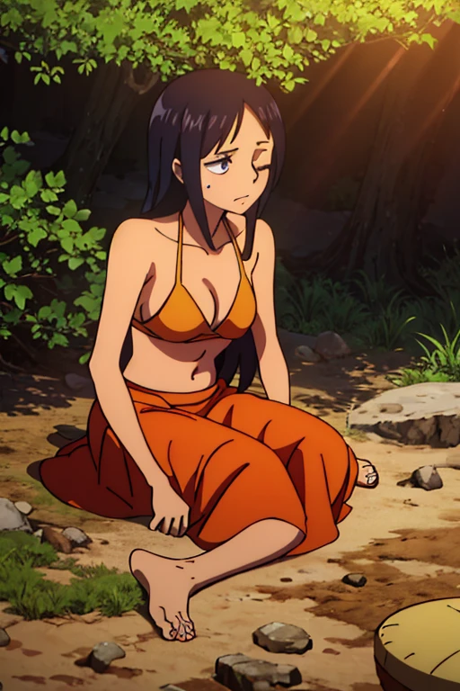 A tanned-skinned anime girl lies despondently on the ground, her hand cradling her abdomen in agony. Her fabric revealing the faint outlines of her ribs. Long sun-kissed locks cascade around her face, concealing it from view. Her despairing expression, etched with lines of hunger and suffering, speaks of a life devoid of sustenance. The sunlight filters through the foliage above, bathing her emaciated figure in a warm, golden glow that accentuates the definition of her bones. She is wearing bikini top that covers her busts and a long skirt, leaving little to the imagination, she lying down on the forest floor with her eyes closed in immense pain and suffering from hunger
