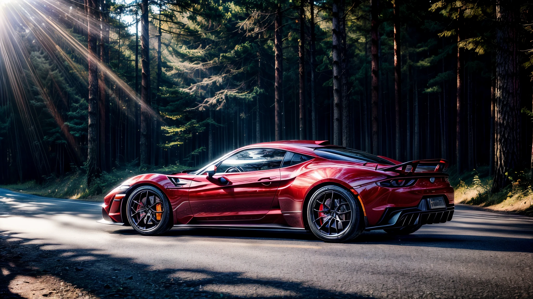 road, red sports car, bright sun, the forest((8K, Raw-Photo, top quality, masterpiece), Highly detailed RAW color photography, professional photography, (realistic, photorealism:1. 37), (top quality), (best shadow), (Best Illustration), ultra high resolution, highly detailed CG wallpaper unified 8K, Physics-based rendering)