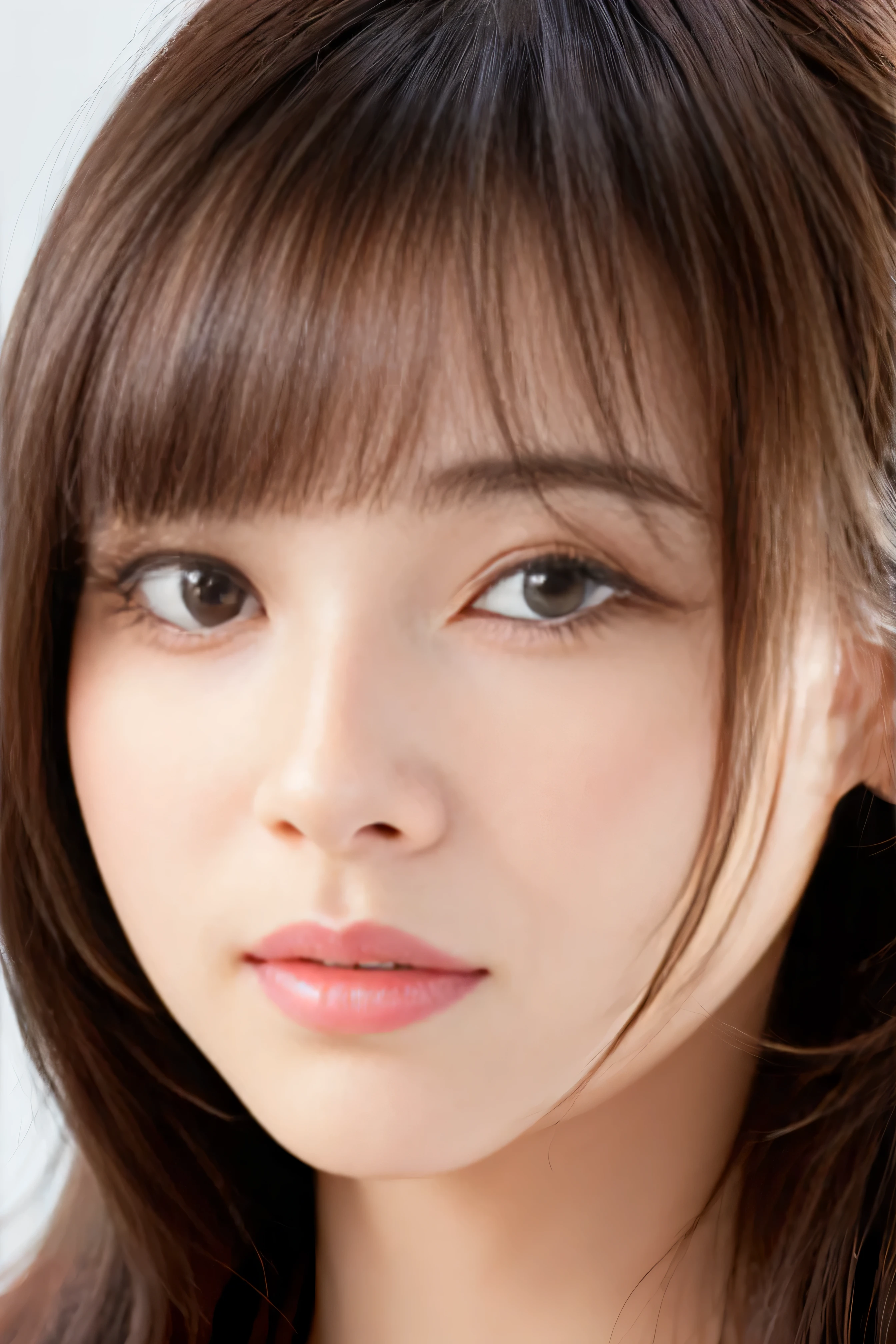 (Pure white background) (A close-up of the face of a 24-year-old Japanese woman) (Her long bangs, Reaching up to her eyes, Well-organized) (She seduces the viewer with her sexy expression.) ((Her hair is so shiny and silky beautiful、Very detailed, thin and very thick medium hair)) ((highest quality)), ((masterpiece)), (Familiar) (Get used to it) Perfect Face (Her skin is a typical Japanese skin color..、Very detailed) (Her hair is very Shiny, Shiny, Fine and detailed.、My hair is thick and silky.) (big breasts) (She's wearing a shiny white silk shirt) (Her face is slim and dignified.., Long, narrow eyes..々Nice face) (Her bangs Well-organized) (She has perfect beautiful makeup Lipstick is light red A solid eyeliner) (Her hair is a beautiful black color.) ((Rich 1.4)) (Extremely detailed 8K) (Stable diffusion model) (Ultra-fine skin texture 1.4) (Actual, Vibrant:1.4), double eyelid Sharp focus:1.2、Beautiful woman:1.4 Dynamic Lighting (Genuine RAW photos taken by professional photographers)