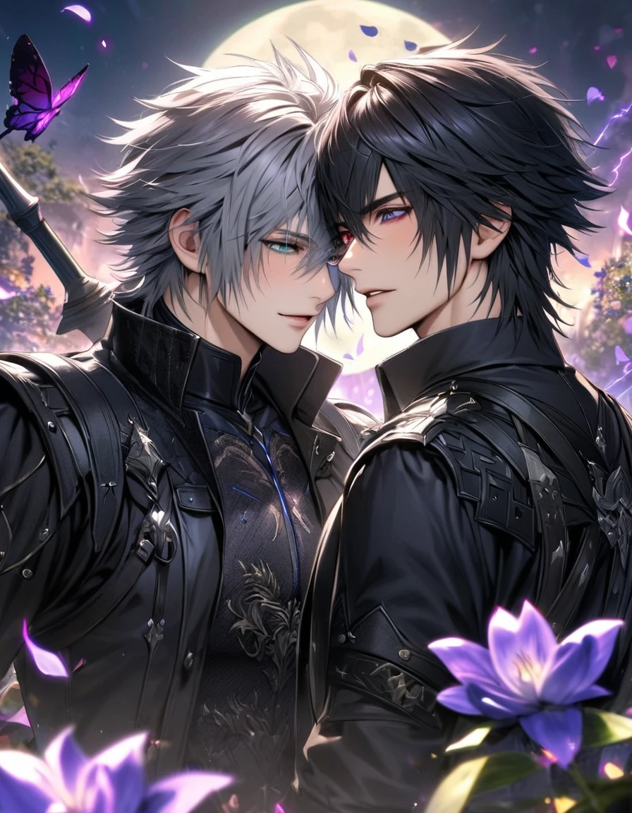 absurdres, highres, ultra detailed, HDR, masterpiece, Riku, spiky grey hair, heterochromia, left eye red, right eye blue, Final Fantasy xv, Noctis Lucis Caelum, black hair, expressive blue eyes, 2men together, gay couple, handsome, white fantasy clothes, moon, purple lilies, purple lightning, butterflies, petals