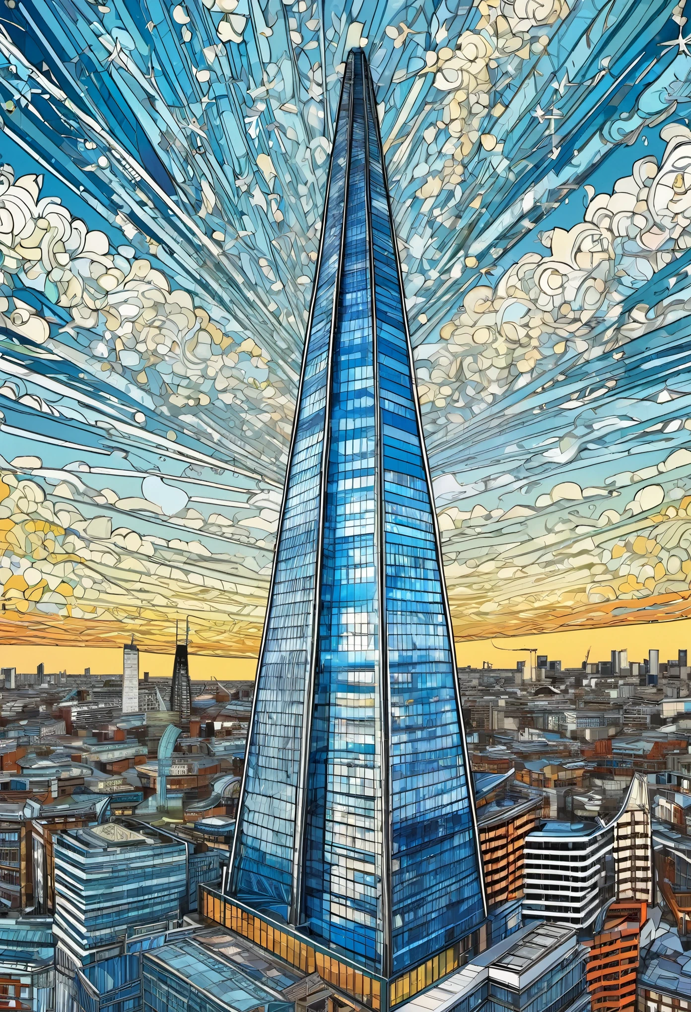 the shard London , maximalist art , art blue sky wallpaper, background art blue sky, the shard. intricate, art blue sky, by William Morris, colorful art blue sky, art blue sky pattern, inspired by Paul Howard Manship, London