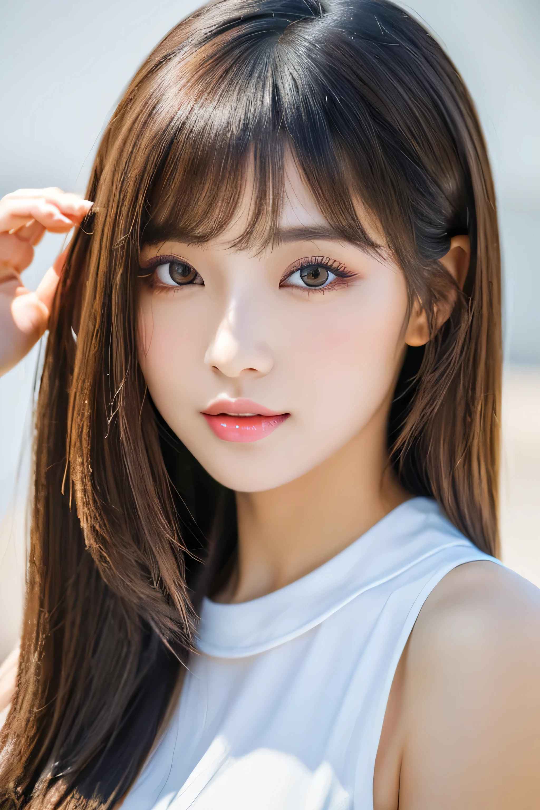 (The background is a pure white wall)　(A 24-year-old Japanese woman)　(Photo for resume)　(Her long bangs, Reaching up to her eyes, Well-organized)　(She seduces the viewer with her sexy expression.)　((Her hair is so shiny and silky beautiful、Very detailed, thin and very thick medium short hair))　((highest quality)), ((masterpiece)), (Familiar)　(Get used to it)　Perfect Face　(Her skin is a typical Japanese skin color..、Very detailed)　(Her hair is very Shiny, Shiny, Fine and detailed.、My hair is thick and silky.)　(big breasts)　(She&#39;s wearing a shiny white silk shirt)　(Her face is slim and dignified.., Long, narrow eyes..々Nice face)　(Her bangs Well-organized)　(She has perfect beautiful makeup　Lipstick is light red　A solid eyeliner)　(Her hair is a beautiful black color.)　((Rich 1.4))　(Extremely detailed 8K)　(Stable diffusion model)　(Ultra-fine skin texture 1.4)　(Actual, Vibrant:1.4), double eyelid　Sharp focus:1.2、Beautiful woman:1.4　Dynamic Lighting　(Genuine RAW photos taken by professional photographers)