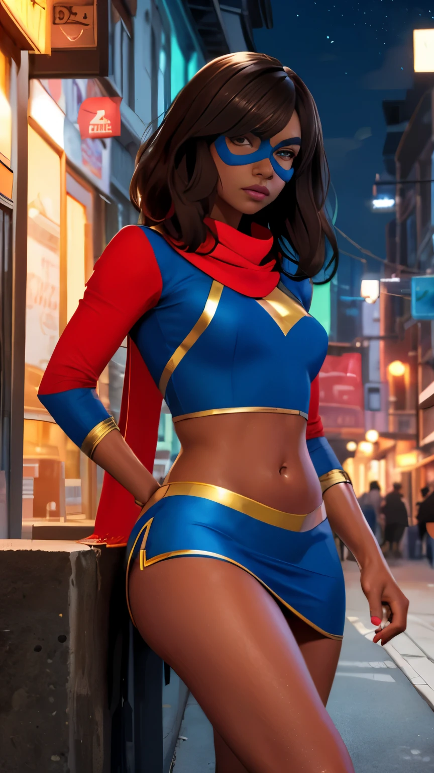 (Highly quality, masterpiece, detailed), night city detailed scenario, night city detailed background, solo, 20 years old, khamala, dark skin, brown eyes, dark brown hair, lips, blue domino mask, red scarf, red crop top, sleeves, gold trim, blue footwear, navel, blue small skirt, perfect face, beautiful eyes, looking at the viewer, Sexy pose