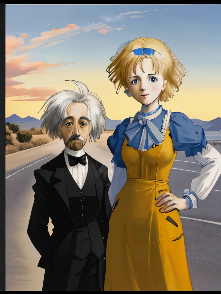 Einstein, Marie Curie y yo abordo de un auto azul por la ruta 66 California atardecer de fondo