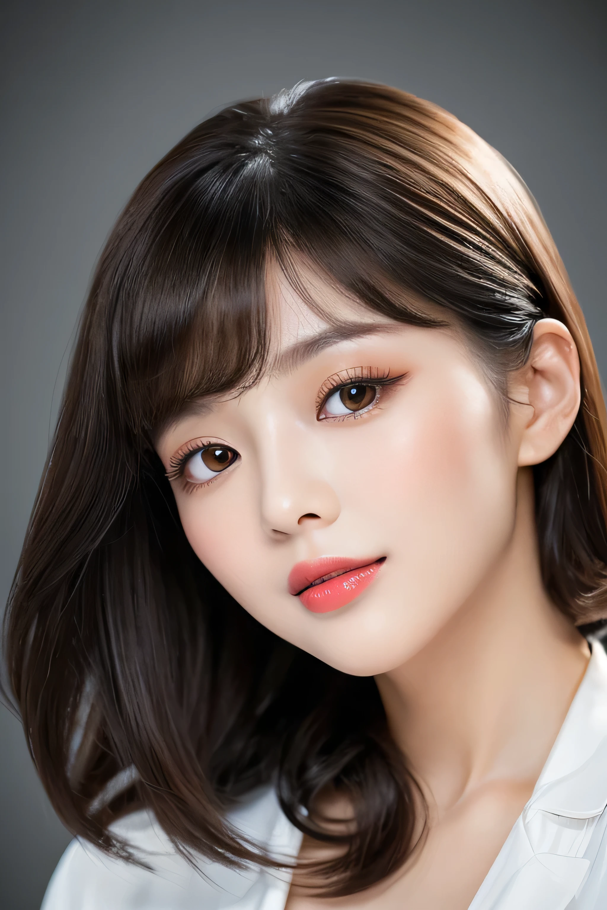 (The background is a pure white wall)　(A 24-year-old Japanese woman)　(Photo for resume)　(Her long bangs, Reaching up to her eyes, Well-organized)　(She seduces the viewer with her sexy expression.)　((Her hair is so shiny and silky beautiful、The hair is very fine, thin, and very thick, making it a jet black color.))　((Medium Wavy Hair))　((Medium Hair))　((Medium straight bob hair))　((highest quality)), ((masterpiece)), (Familiar)　(Get used to it)　Perfect Face　(Her skin is a typical Japanese skin color..、Very detailed)　(Her hair is very Shiny, Shiny, Fine and detailed.、My hair is thick and silky.)　(big breasts)　(She&#39;s wearing a shiny white silk shirt)　(Her face is slim and dignified.., Long, narrow eyes..々Nice face)　(Her bangs Well-organized)　(She has perfect beautiful makeup　Lipstick is light red　A solid eyeliner)　(Her hair is a beautiful black color.)　((Rich 1.4))　(Extremely detailed 8K)　(Stable diffusion model)　(Ultra-fine skin texture 1.4)　(Actual, Vibrant:1.4), double eyelid　Sharp focus:1.2、Beautiful woman:1.4　Dynamic Lighting　(Genuine RAW photos taken by professional photographers)