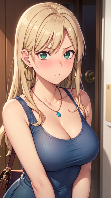 masterpiece, best quality, high resolution, UHD, RTX, pixel perfect, depth of field, 4k, highly detailed, 1 girl, single, solo, beautiful anime girls, beautiful art style, anime characters, long hair, parted bangs, middle part bangs hair, dark blonde hair, green eyes:1.4, round eyes, beautiful eyelashes, realistic eyes, detailed face, blush:1.2, fine texture:0.75, realistic texture:0.65, photorealistic:1.1, CG anime style, bright color, medium breasts, cleavage, busty, dynamic angle, perfect body, first point of view, dynamic pose, looking at viewer, wearing tank top, black tank top, jeans, bra visible from inside tank top, fashionable, single handbag, 1 condom, 1 diamond necklace, hoop earrings, pouting, tsundere, shy, amusement park, leaning forward