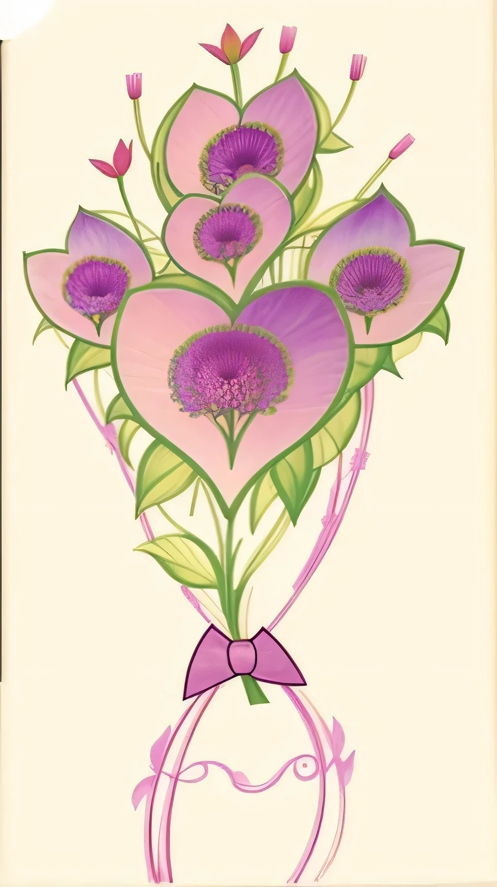 there is a drawing of a ramo of flowers with a pink bow, inspirado en Margaret Macdonald Mackintosh, inspired por Charles Rennie Mackintosh, por Charles Rennie Mackintosh, Art Nouveau alien botanicals, por Cicely Hey, flores mutadas, ramo, Botánicos Art Nouveau, inspirado en Frances MacDonald, floral renewal, art deco flower shaman