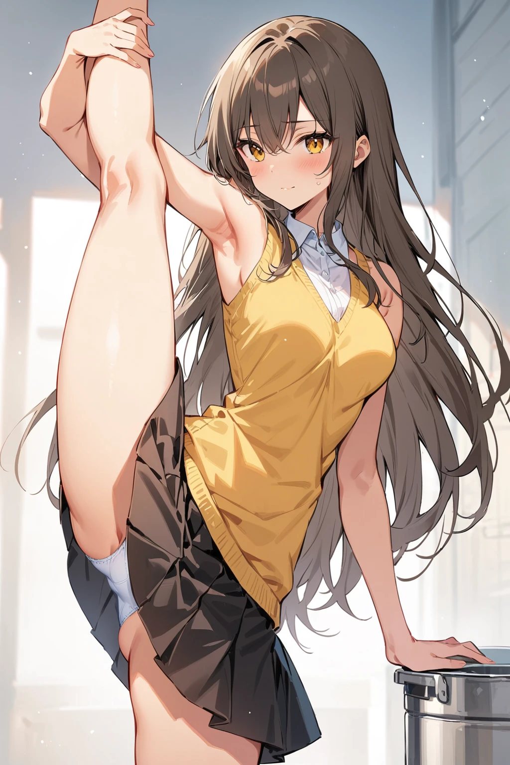 (masterpiece, highest quality:1.2), One girl, alone,Are standing_Split , Long Hair,Gold sleeveless short vest,Black Skirt, White panties,