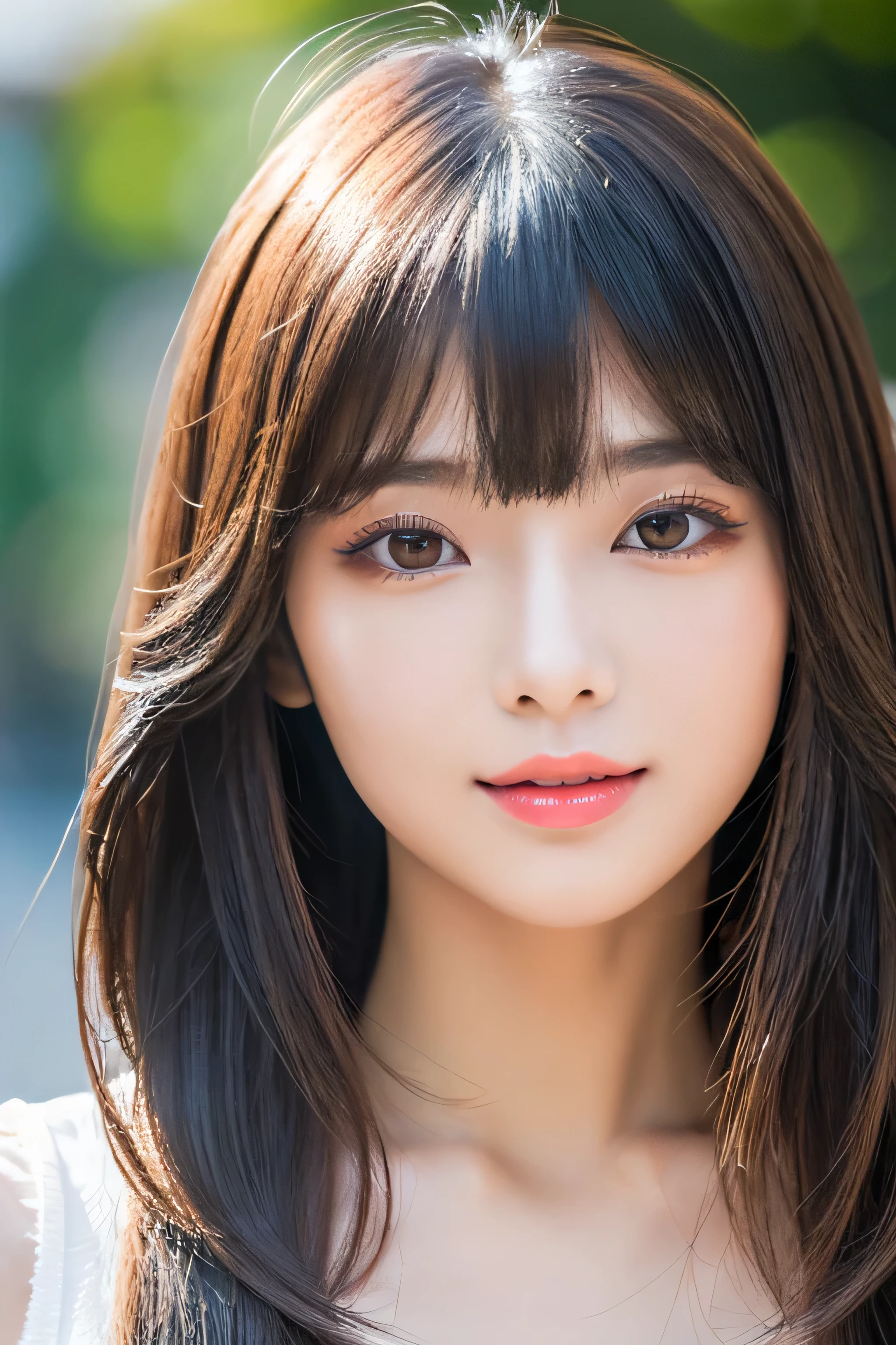 (Photo for resume)　(A 24-year-old Japanese woman)　　(Her long bangs, Reaching up to her eyes, Well-organized)　(She has a pleading look on her face)　((Her hair is so shiny and silky beautiful、The hair is very fine, thin, and very thick, making it a jet black color.))　((Medium Wavy Hair))　((Medium Hair))　((Medium straight bob hair))　((highest quality)), ((masterpiece)), (Familiar)　(Get used to it)　Perfect Face　(Her skin is a typical Japanese skin color..、Very detailed)　(Her hair is very Shiny, Shiny, Fine and detailed.、My hair is thick and silky.)　(big breasts)　(She&#39;s wearing a shiny white silk shirt)　(Her face is slim and dignified.., Long, narrow eyes..々Nice face)　(Her bangs Well-organized)　(She has perfect beautiful makeup　Lipstick is light red　A solid eyeliner)　(Her hair is a beautiful black color.)　((Rich 1.4))　(Extremely detailed 8K)　(Stable diffusion model)　(Ultra-fine skin texture 1.4)　(Actual, Vibrant:1.4), double eyelid　Sharp focus:1.2、Beautiful woman:1.4　Dynamic Lighting　(Genuine RAW photos taken by professional photographers)