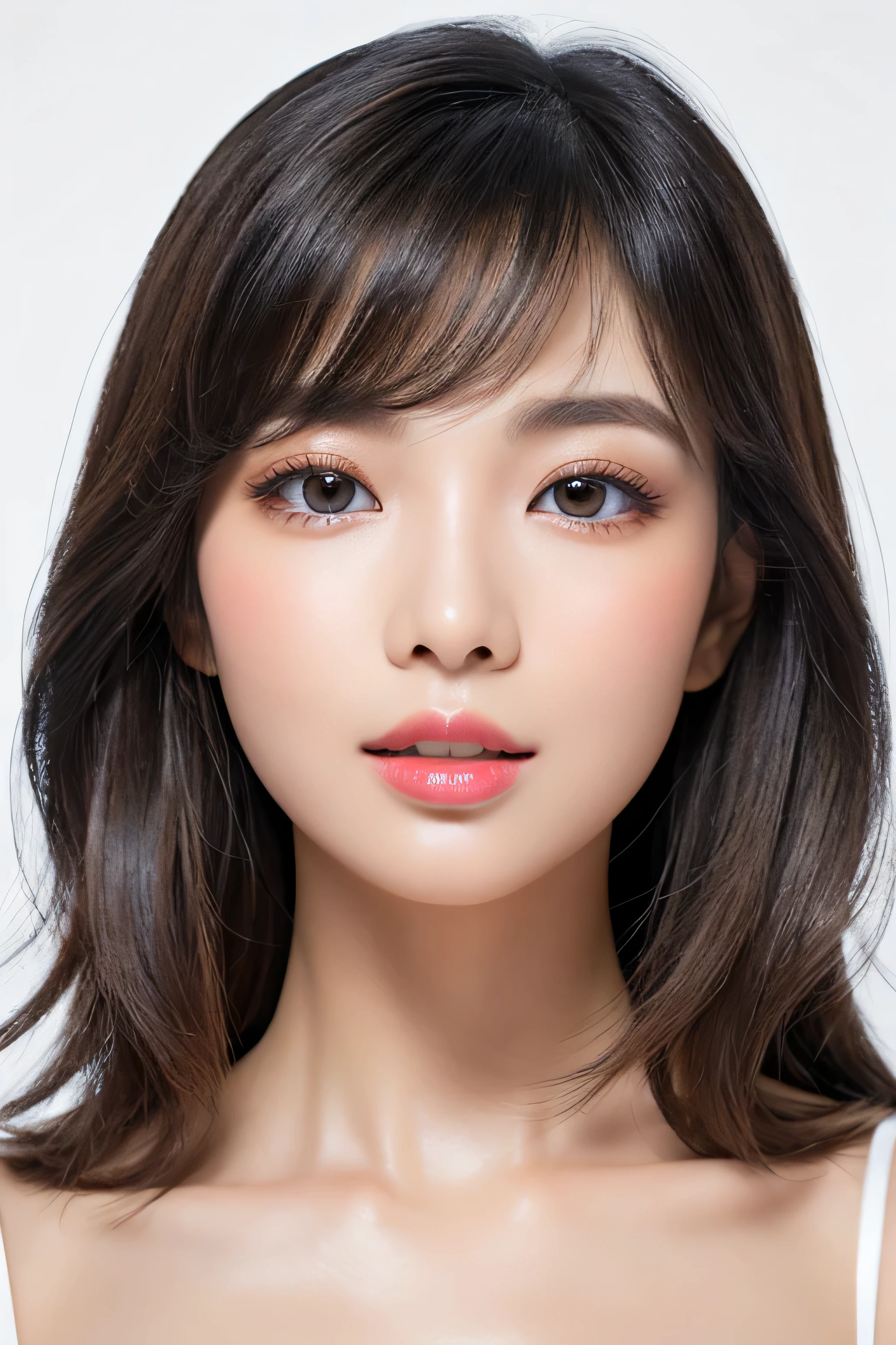 (Photo for resume) (A 24-year-old Japanese woman) (Her long bangs, Reaching up to her eyes, Well-organized) (She has a pleading look on her face) ((Her hair is so shiny and silky beautiful、The hair is very fine, thin, and very thick, making it a jet black color.)) ((Medium Wavy Hair)) ((Medium Hair)) ((Medium straight bob hair)) ((highest quality)), ((masterpiece)), (Familiar) (Get used to it) Perfect Face (Her skin is a typical Japanese skin color..、Very detailed) (Her hair is very Shiny, Shiny, Fine and detailed.、My hair is thick and silky.) (big breasts) (She's wearing a shiny white silk shirt) (Her face is slim and dignified.., Long, narrow eyes..々Nice face) (Her bangs Well-organized) (She has perfect beautiful makeup Lipstick is light red A solid eyeliner) (Her hair is a beautiful black color.) ((Rich 1.4)) (Extremely detailed 8K) (Stable diffusion model) (Ultra-fine skin texture 1.4) (Actual, Vibrant:1.4), double eyelid Sharp focus:1.2、Beautiful woman:1.4 Dynamic Lighting (Genuine RAW photos taken by professional photographers)