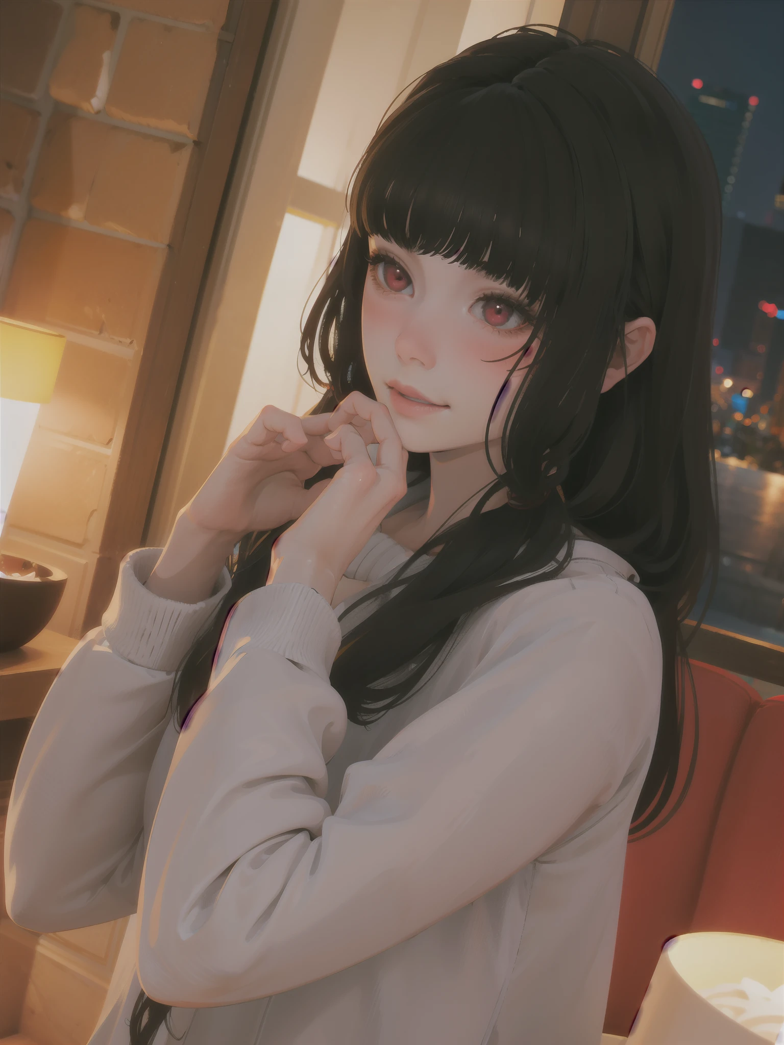 masterpiece, highly detailed, best quality, night, low light, darkness, moonlight, 1girl, solo, Luna, black hair, red eyes, long hair, blunt bangs, blush, smile