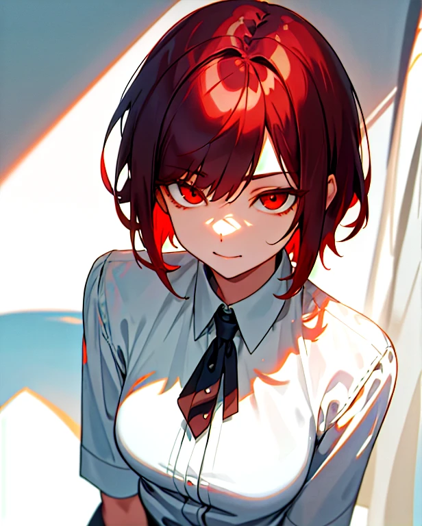 1girl, lamia, scutes, white shirt, full bodyesbian, Original Character, volumettic light, best shadow, shallowdepthoffield, Stunning teenager, thin, Delicate, beautiful and charming face,Evil chi,red - eyed,brunette color hair,short detailed hair