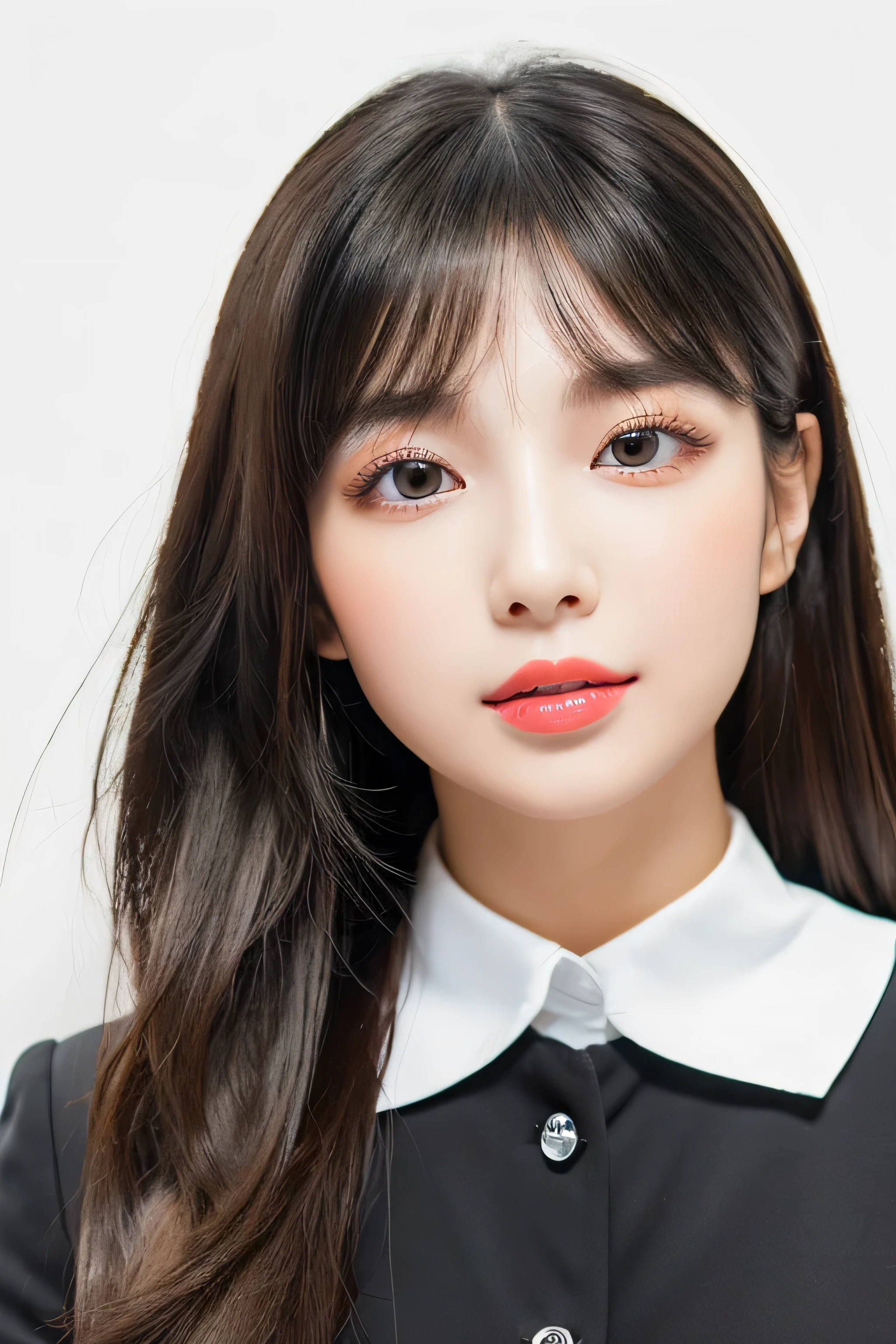 (A 24-year-old Japanese woman) (Her long bangs, Reaching up to her eyes, Well-organized) (She has a pleading look on her face) (Close-up of face from neck up) ((Her hair is incredibly straight、Very shiny and silky beautiful、Very detailed, fine, and very thick, jet black medium length hair)) ((highest quality)), ((masterpiece)), (Familiar) (Get used to it) Perfect Face (Her skin is a typical Japanese skin color..、Very detailed) (Her hair is very Shiny, Shiny, Fine and detailed.、My hair is thick and silky.) (big breasts) (She's wearing a shiny white silk shirt) (Her face is slim and dignified.., Long, narrow eyes..々Nice face) (Her bangs Well-organized) (She has perfect beautiful makeup Lipstick is light red A solid eyeliner) (Her hair is a beautiful black color.) ((Rich 1.4)) (Extremely detailed 8K) (Stable diffusion model) (Ultra-fine skin texture 1.4) (Actual, Vibrant:1.4), double eyelid Sharp focus:1.2、Beautiful woman:1.4 Dynamic Lighting (Genuine RAW photos taken by professional photographers) (The background is a pure white wall:1.8)