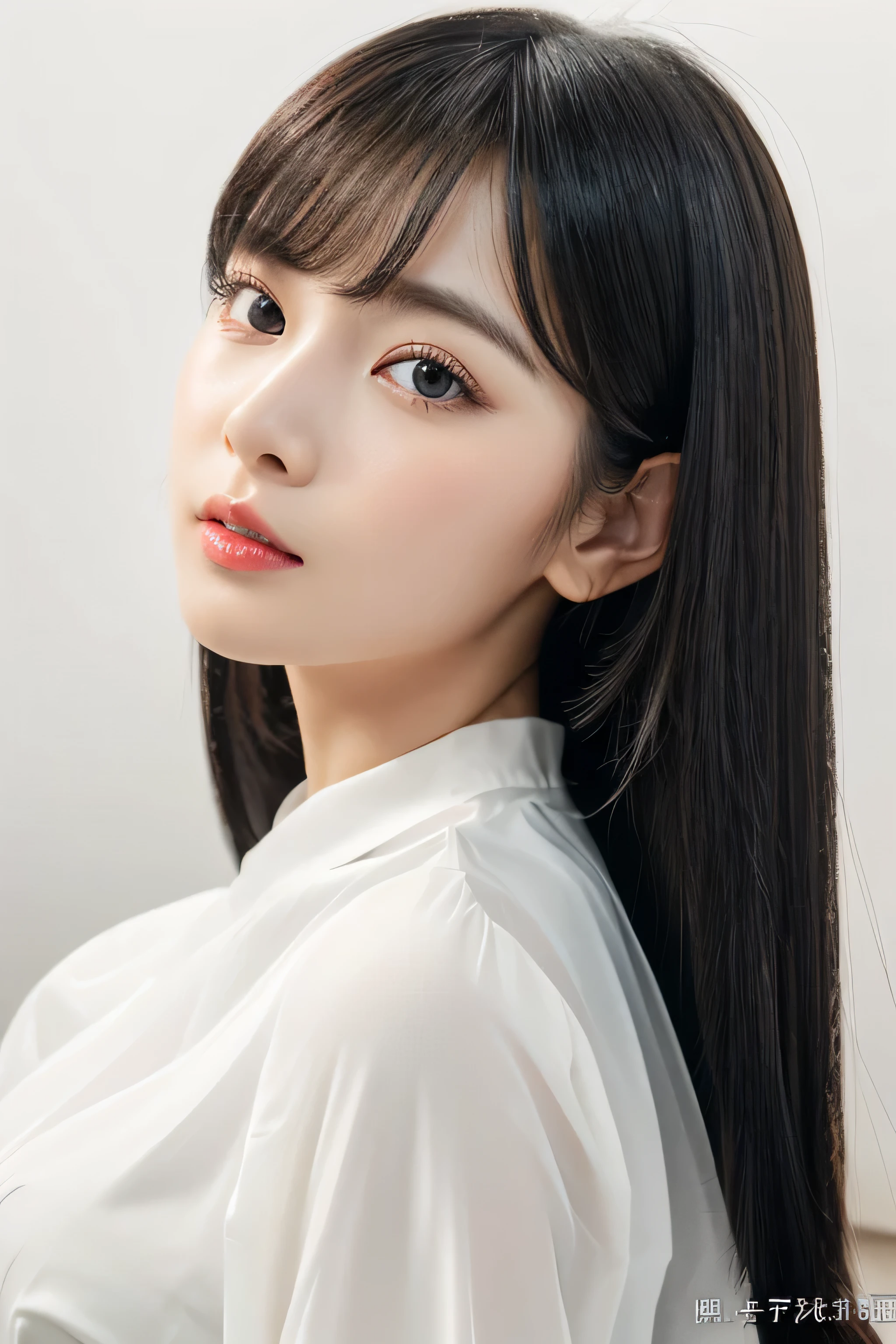 (A 24-year-old Japanese woman) (Her long bangs, Reaching up to her eyes, Well-organized) (She has a pleading look on her face) (Close-up of face from neck up) ((Her hair is incredibly straight、Very shiny and silky beautiful、Very detailed, fine, and very thick, jet black medium length hair)) ((highest quality)), ((masterpiece)), (Familiar) (Get used to it) Perfect Face (Her skin is a typical Japanese skin color..、Very detailed) (Her hair is very Shiny, Shiny, Fine and detailed.、My hair is thick and silky.) (big breasts) (She's wearing a shiny white silk shirt) (Her face is slim and dignified.., Long, narrow eyes..々Nice face) (Her bangs Well-organized) (She has perfect beautiful makeup Lipstick is light red A solid eyeliner) (Her hair is a beautiful black color.) ((Rich 1.4)) (Extremely detailed 8K) (Stable diffusion model) (Ultra-fine skin texture 1.4) (Actual, Vibrant:1.4), double eyelid Sharp focus:1.2、Beautiful woman:1.4 Dynamic Lighting (Genuine RAW photos taken by professional photographers) (The background is a pure white wall:1.8)